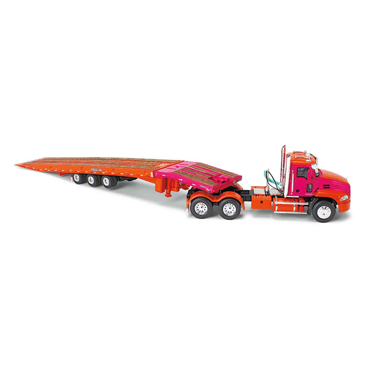 1/64 Orange & Fuchsia Mack Pinnacle Semi Truck with Talbert 5553TA Traveling-Axle Trailer, DCP by First Gear - Image 2
