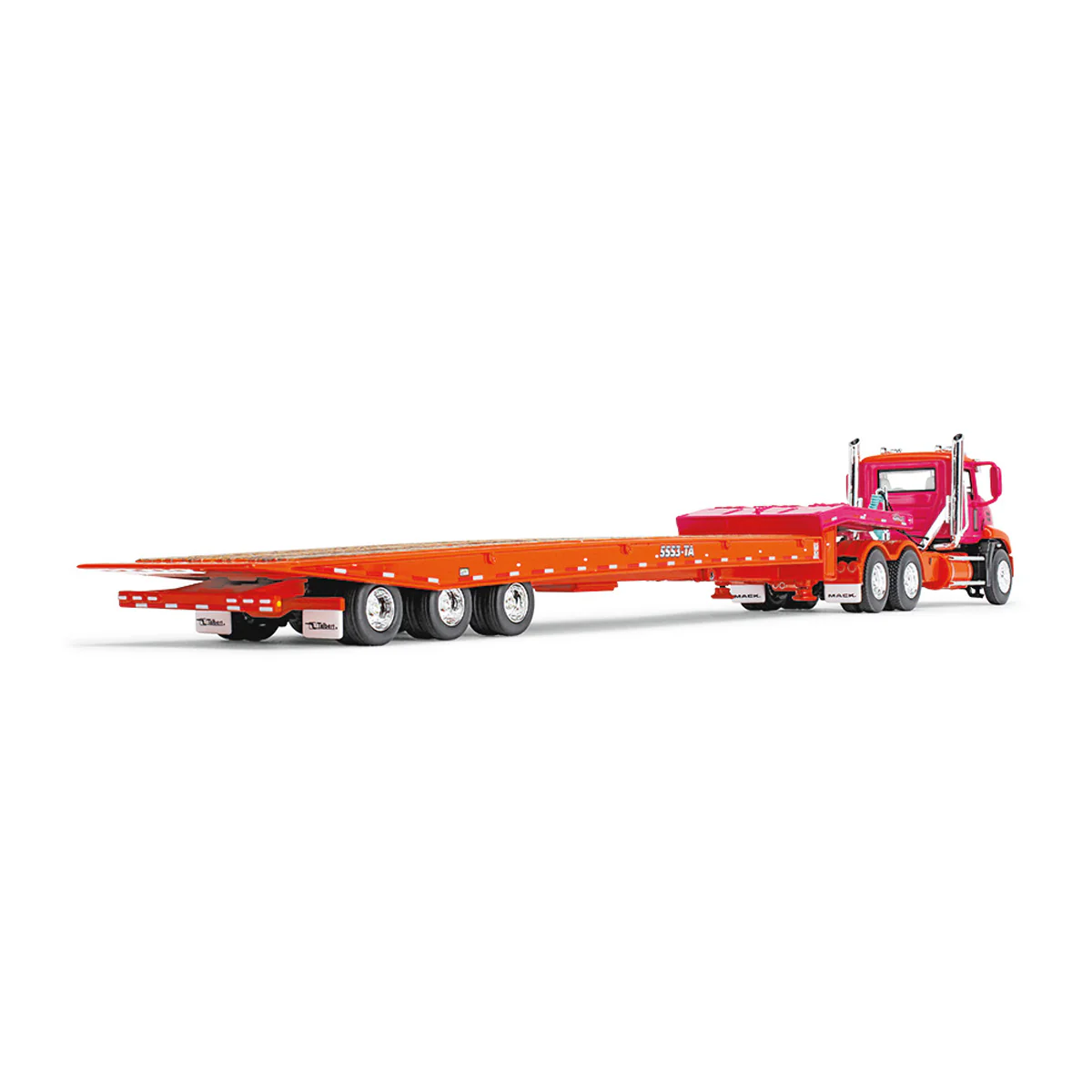 1/64 Orange & Fuchsia Mack Pinnacle Semi Truck with Talbert 5553TA Traveling-Axle Trailer, DCP by First Gear - Image 3