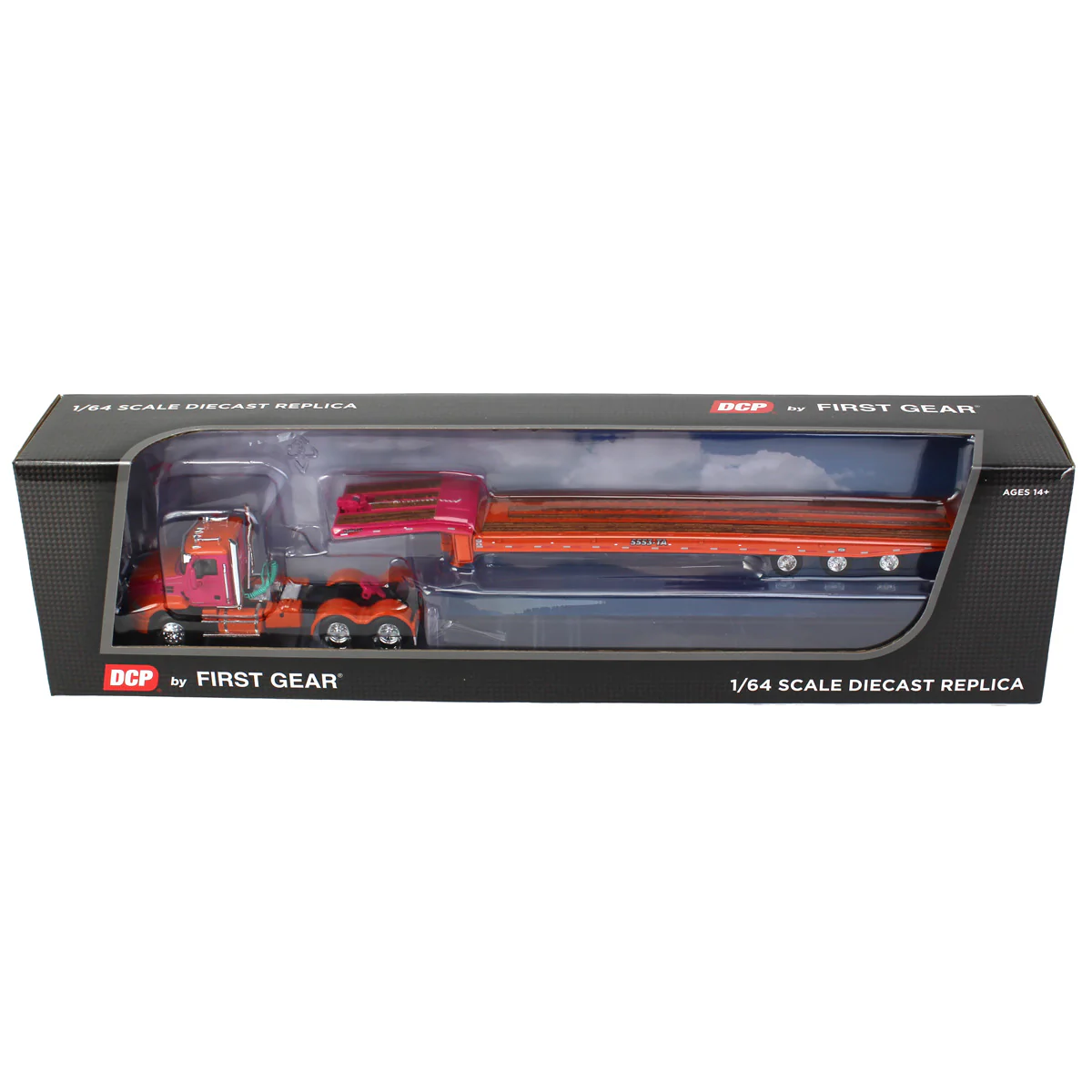 1/64 Orange & Fuchsia Mack Pinnacle Semi Truck with Talbert 5553TA Traveling-Axle Trailer, DCP by First Gear - Image 4