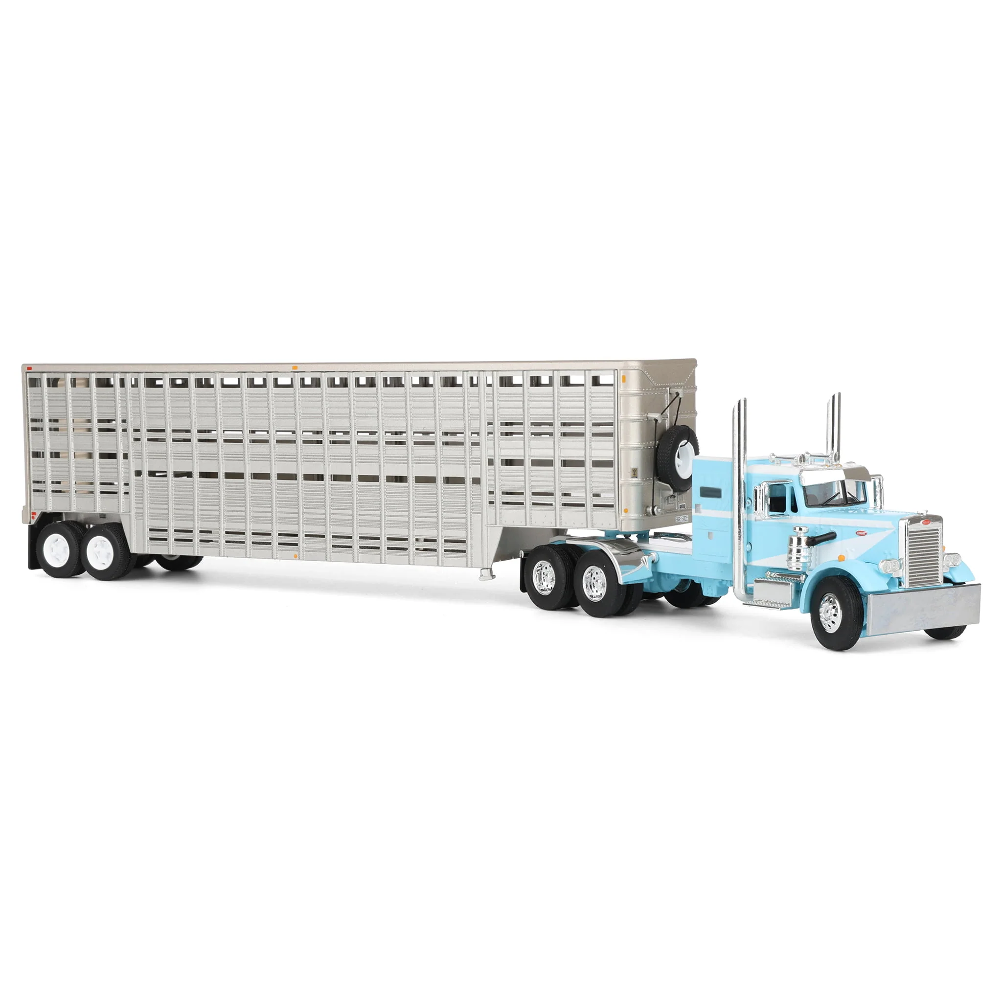 1/64 Peterbilt 351 Semi Truck with 45ft Wilson Vintage Livestock Trailer, Blue/White, DCP by First Gear - Image 2