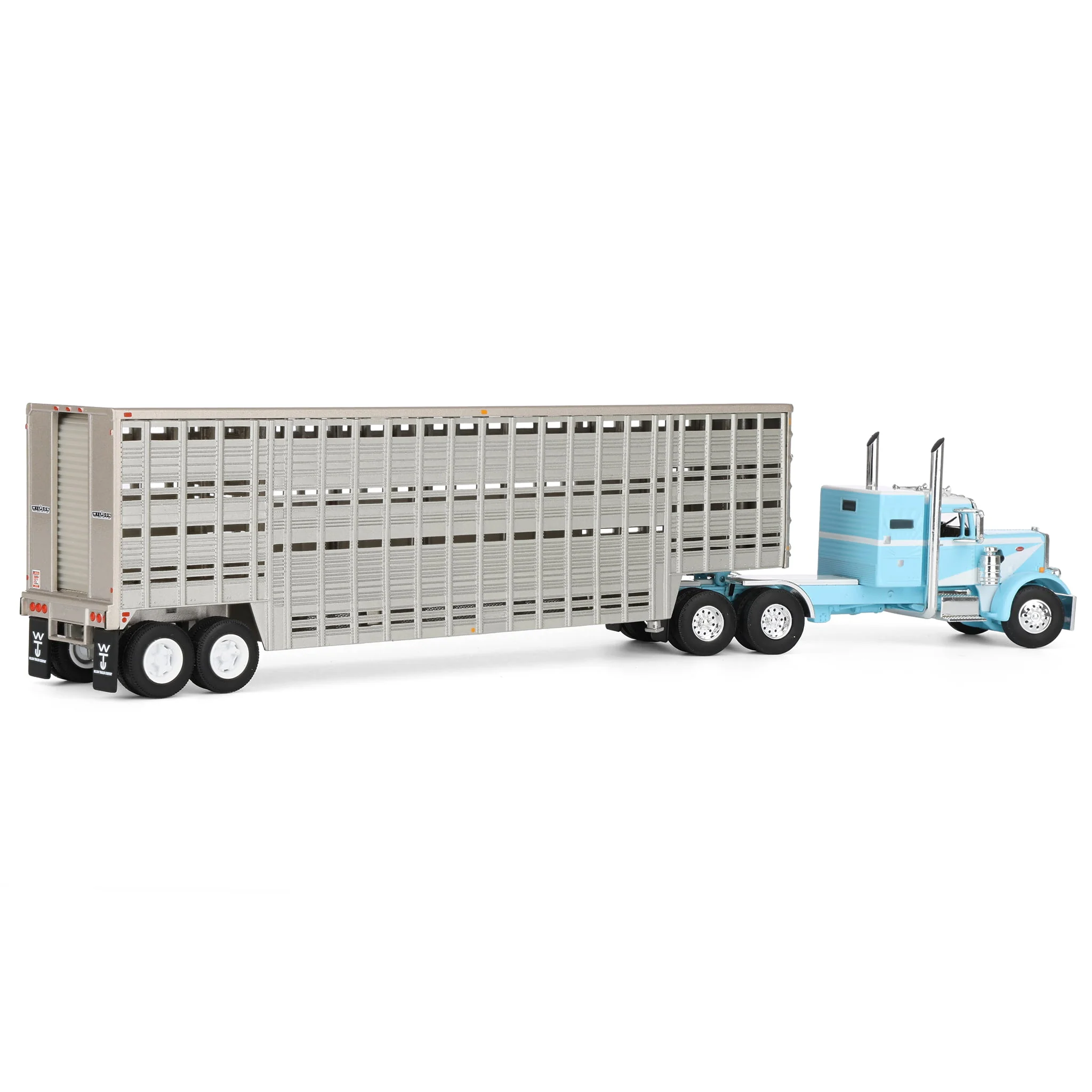 1/64 Peterbilt 351 Semi Truck with 45ft Wilson Vintage Livestock Trailer, Blue/White, DCP by First Gear - Image 3