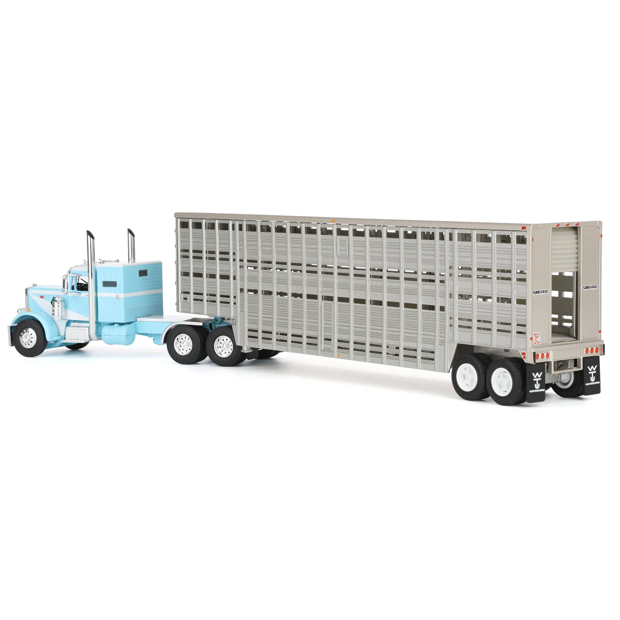 1/64 Peterbilt 351 Semi Truck with 45ft Wilson Vintage Livestock Trailer, Blue/White, DCP by First Gear - Image 4