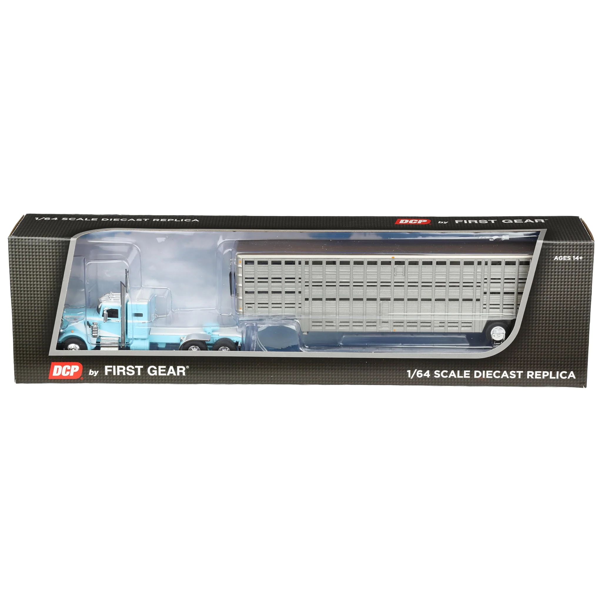 1/64 Peterbilt 351 Semi Truck with 45ft Wilson Vintage Livestock Trailer, Blue/White, DCP by First Gear - Image 6