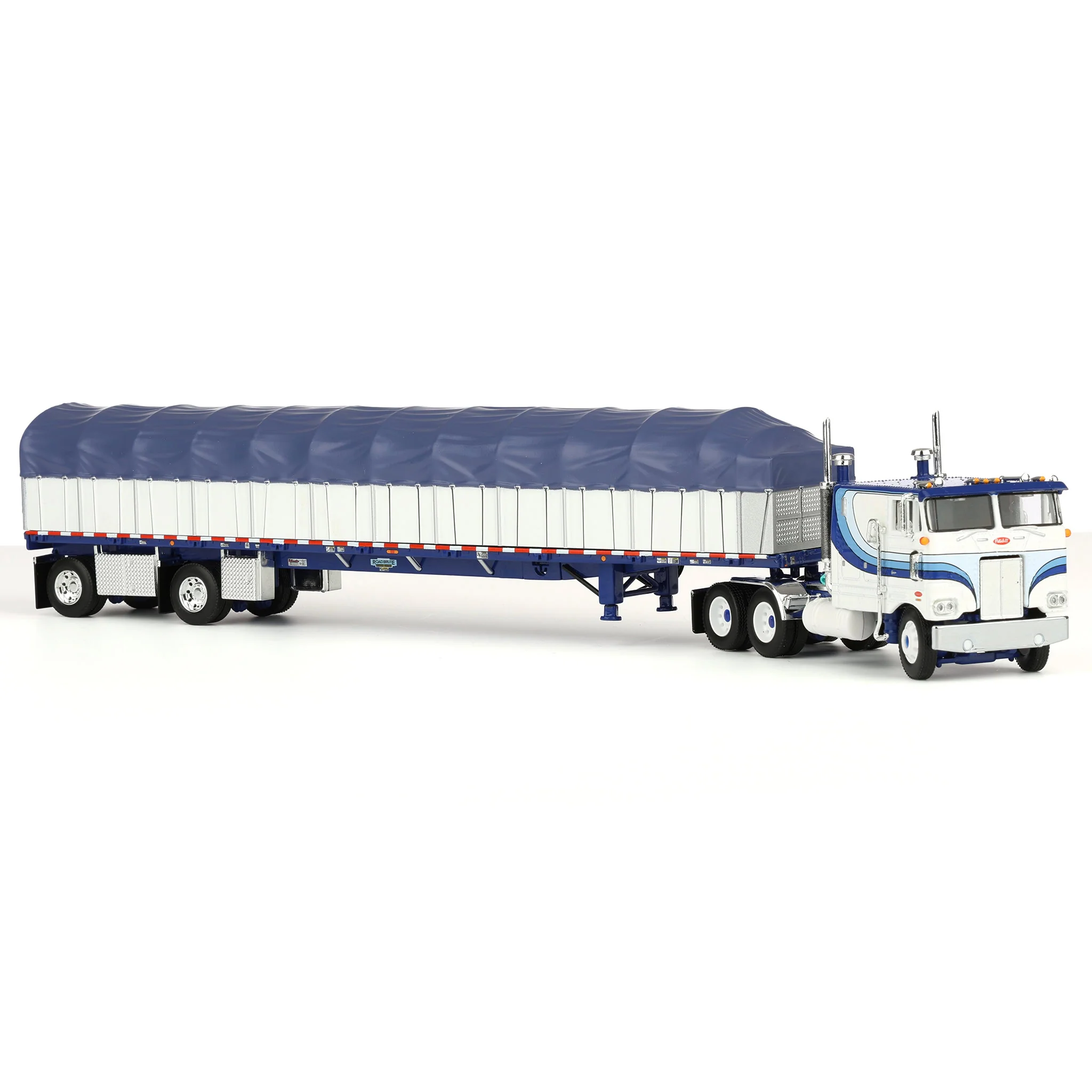 1/64 Peterbilt 352 COE Semi Truck with Wilson Roadbrute Flatbed & Covered Wagon, White/Blue, DCP by First Gear - Image 2