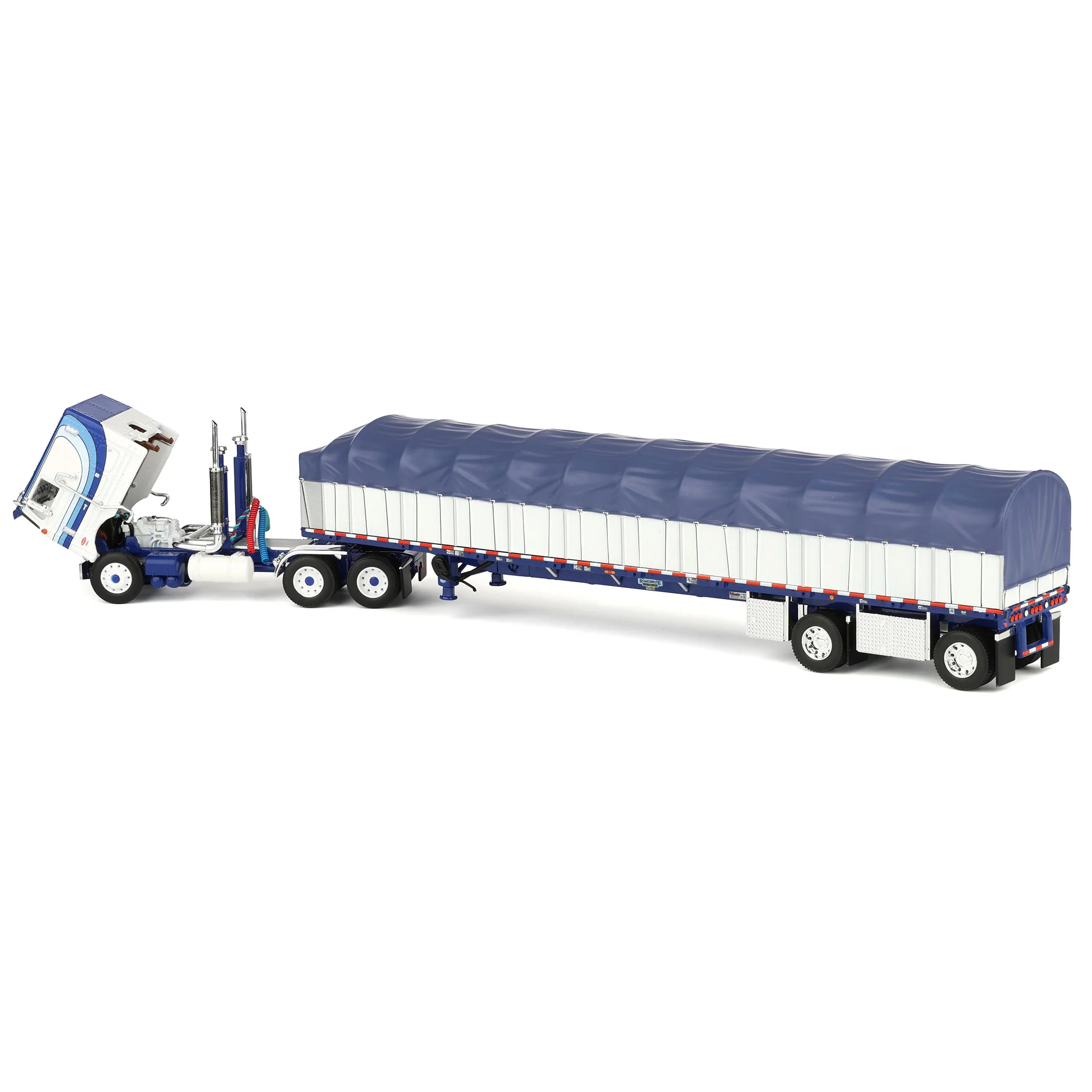 1/64 Peterbilt 352 COE Semi Truck with Wilson Roadbrute Flatbed & Covered Wagon, White/Blue, DCP by First Gear - Image 4
