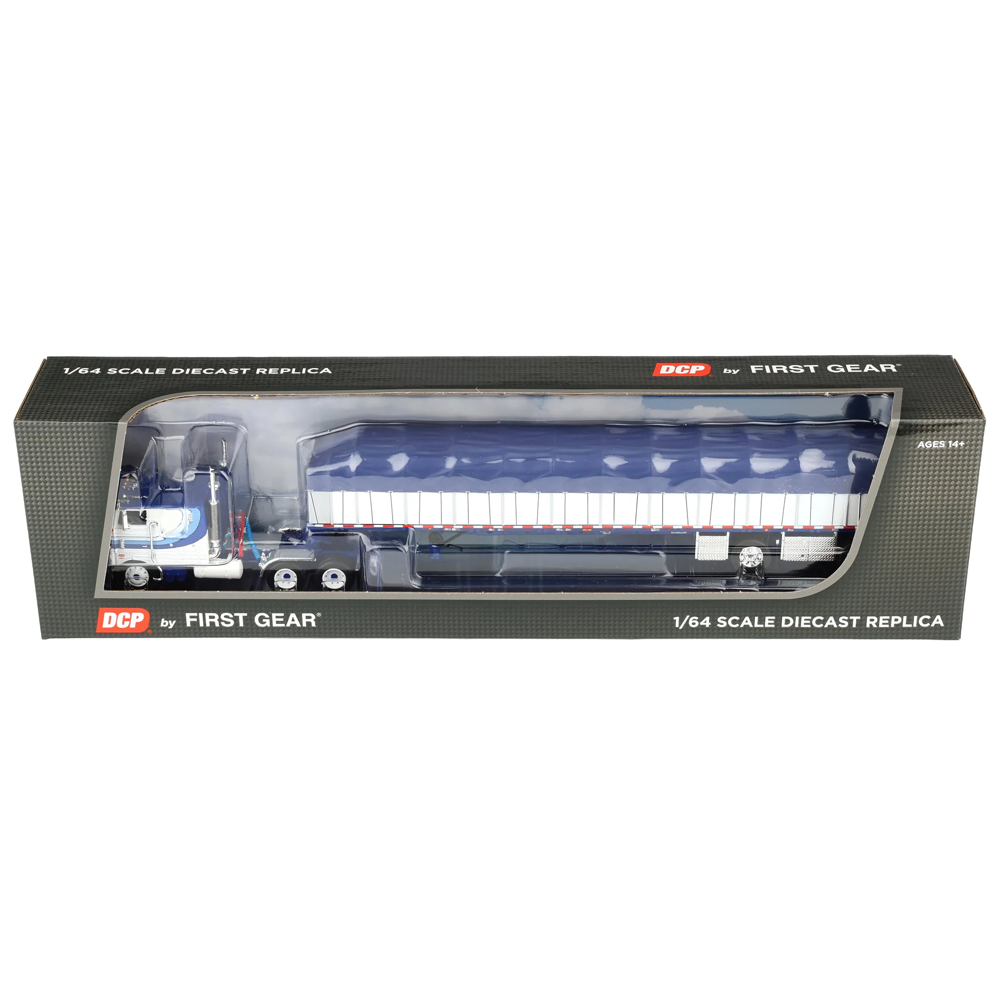 1/64 Peterbilt 352 COE Semi Truck with Wilson Roadbrute Flatbed & Covered Wagon, White/Blue, DCP by First Gear - Image 5