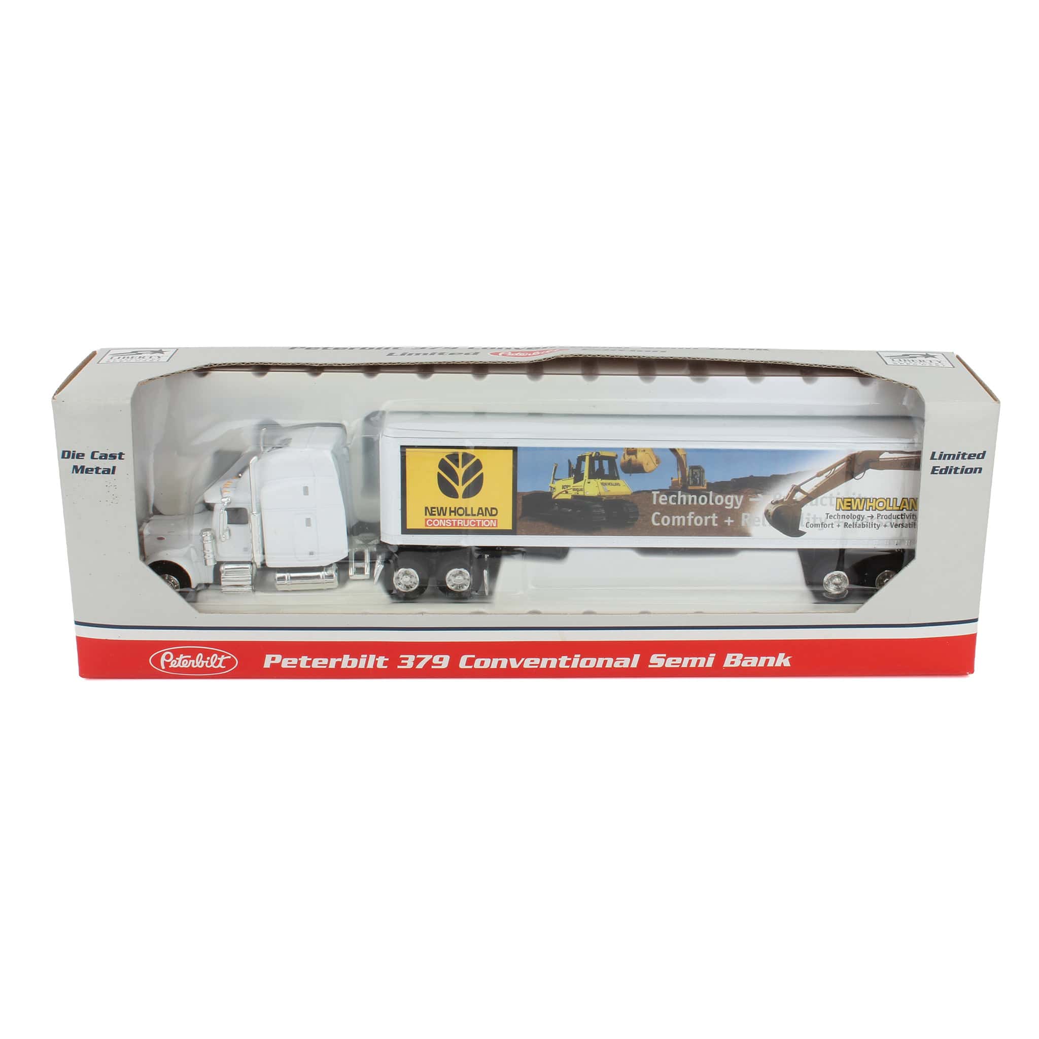 1/64 Peterbilt 379 Conventional Semi Truck & Trailer Bank by SpecCast, New Holland Construction