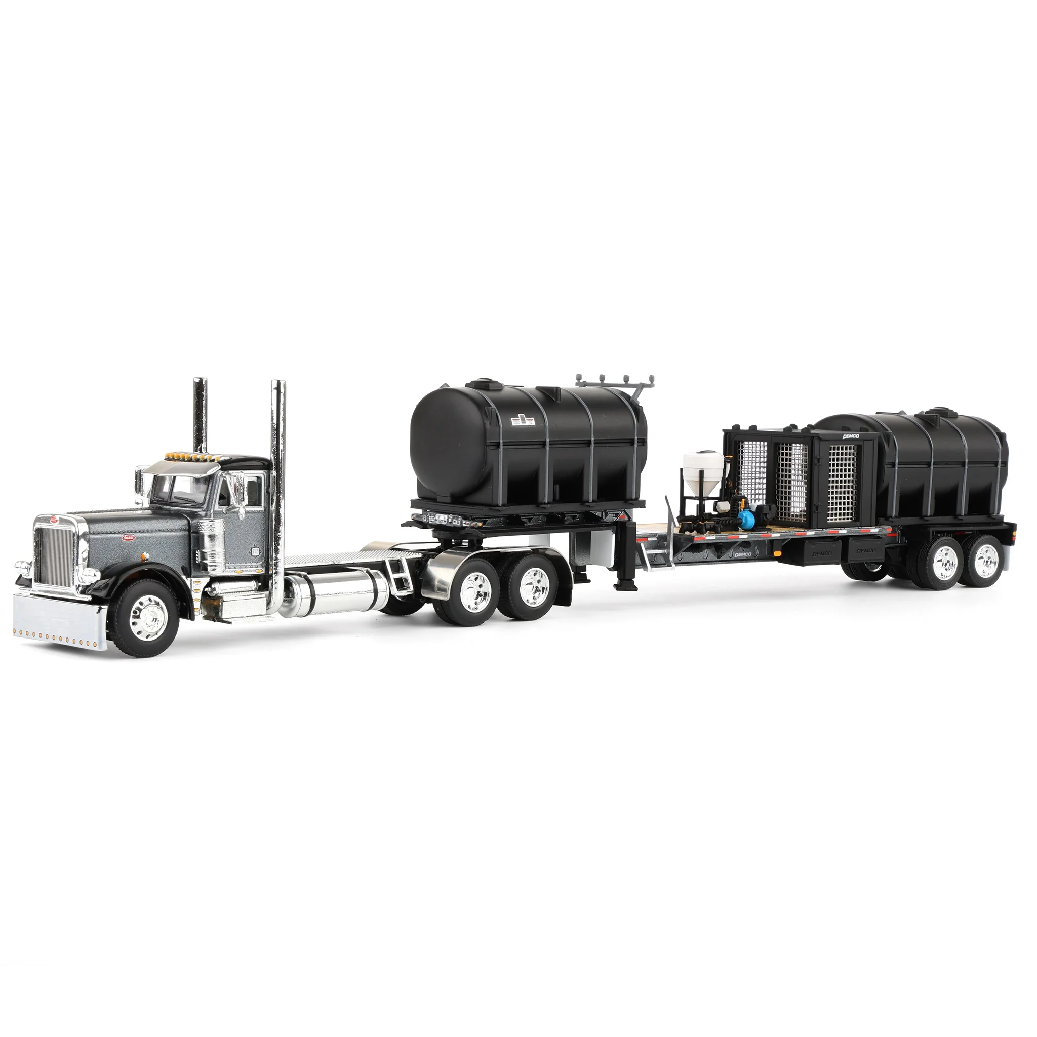 1/64 Peterbilt 379 Semi Truck with Day Cab & DEMCO Liquid Tender Trailer, Gunmetal & Black, DCP by First Gear