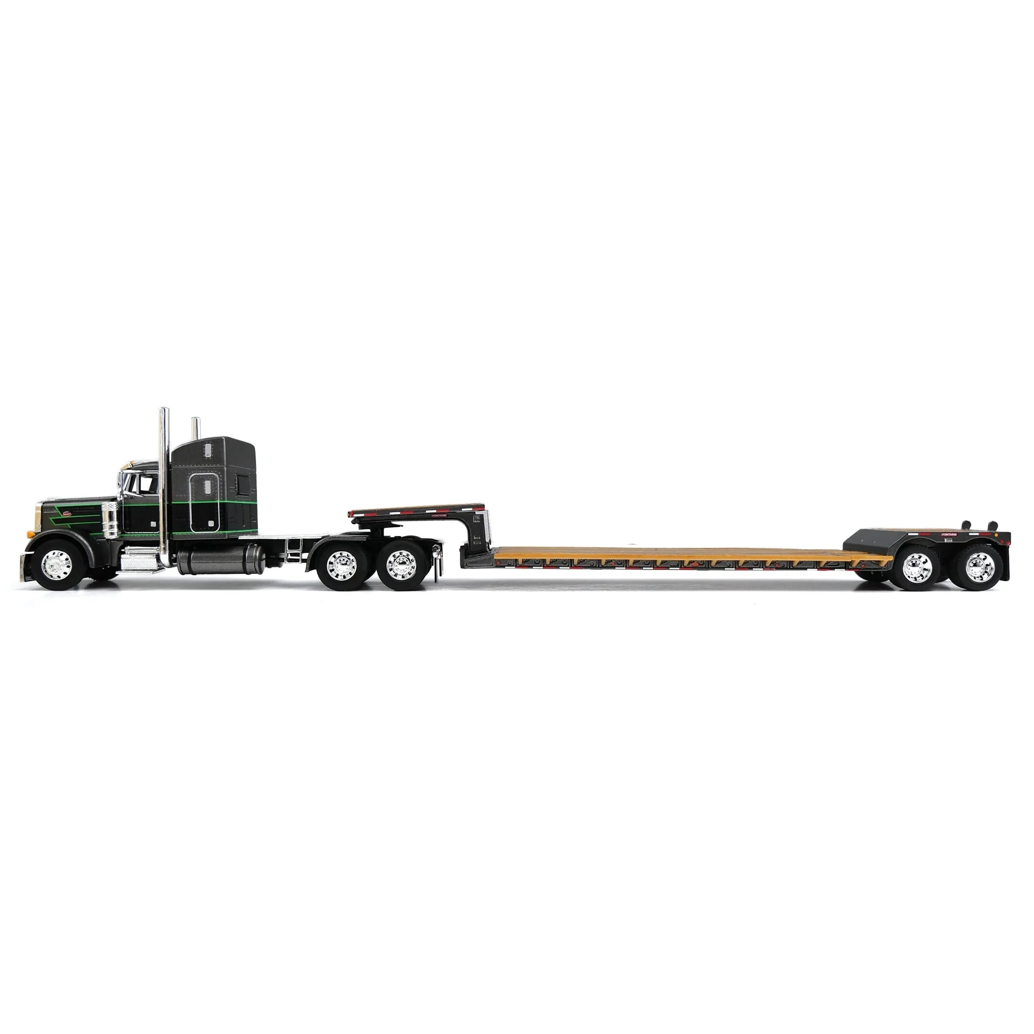 1/64 Peterbilt 379 Semi Truck with Fontaine Renegade Lowboy Trailer, Gray/Black/Lime, DCP by First Gear