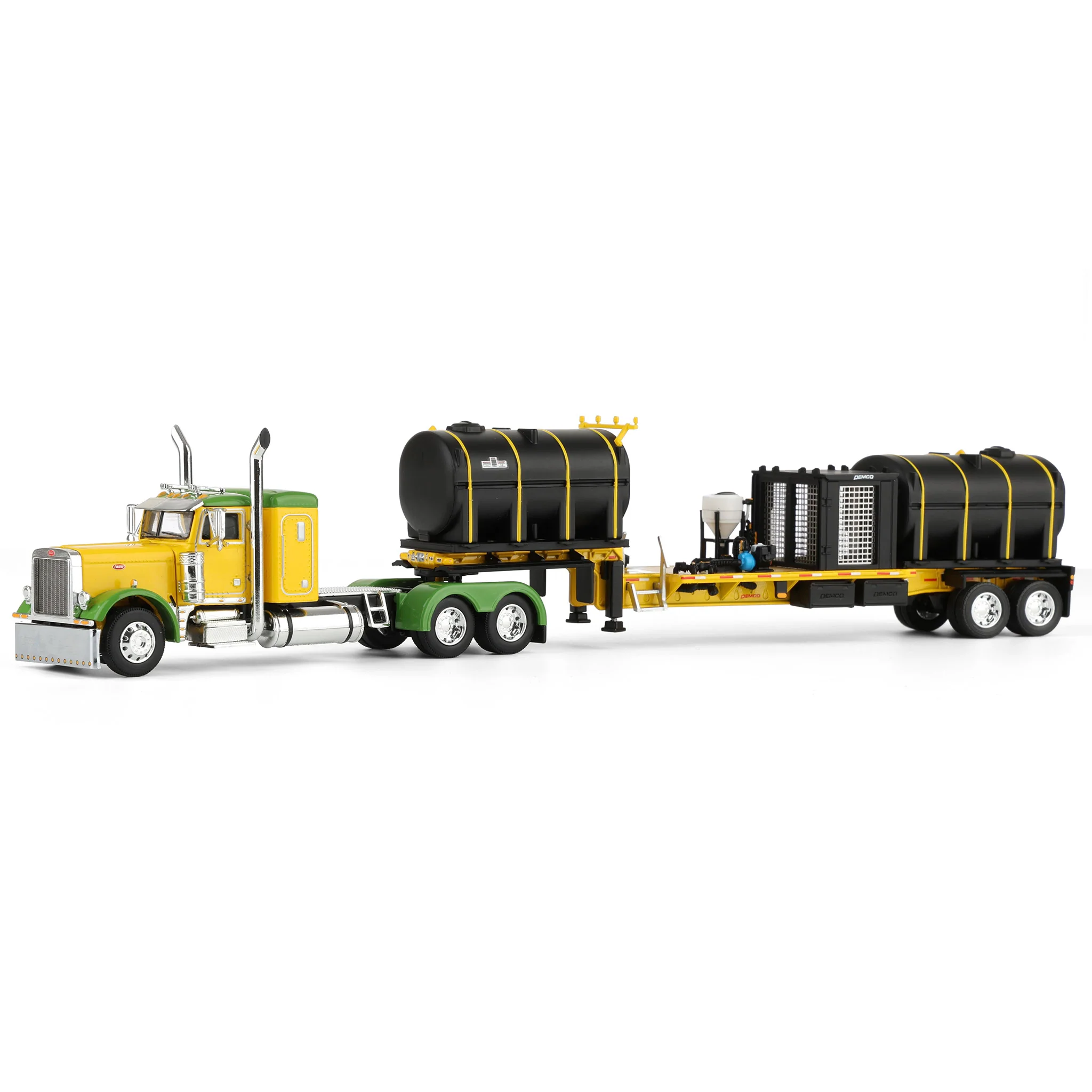 1/64 Peterbilt 379 Semi Truck with Sleeper Cab & DEMCO Liquid Tender Trailer, Yellow & Green, DCP by First Gear
