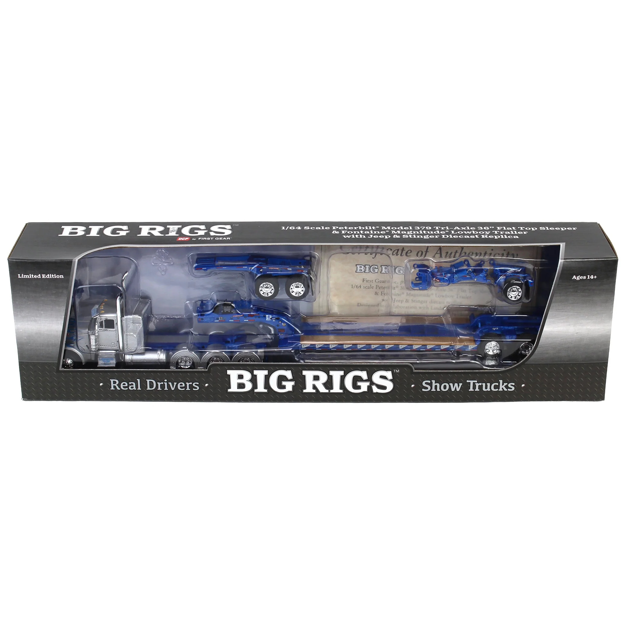 1/64 Peterbilt 379 Semi Truck with Fontaine Magnitude Lowboy, Jeep, & Stinger - Big Rigs #15: Lindamood Demolition, DCP by First Gear - Image 6