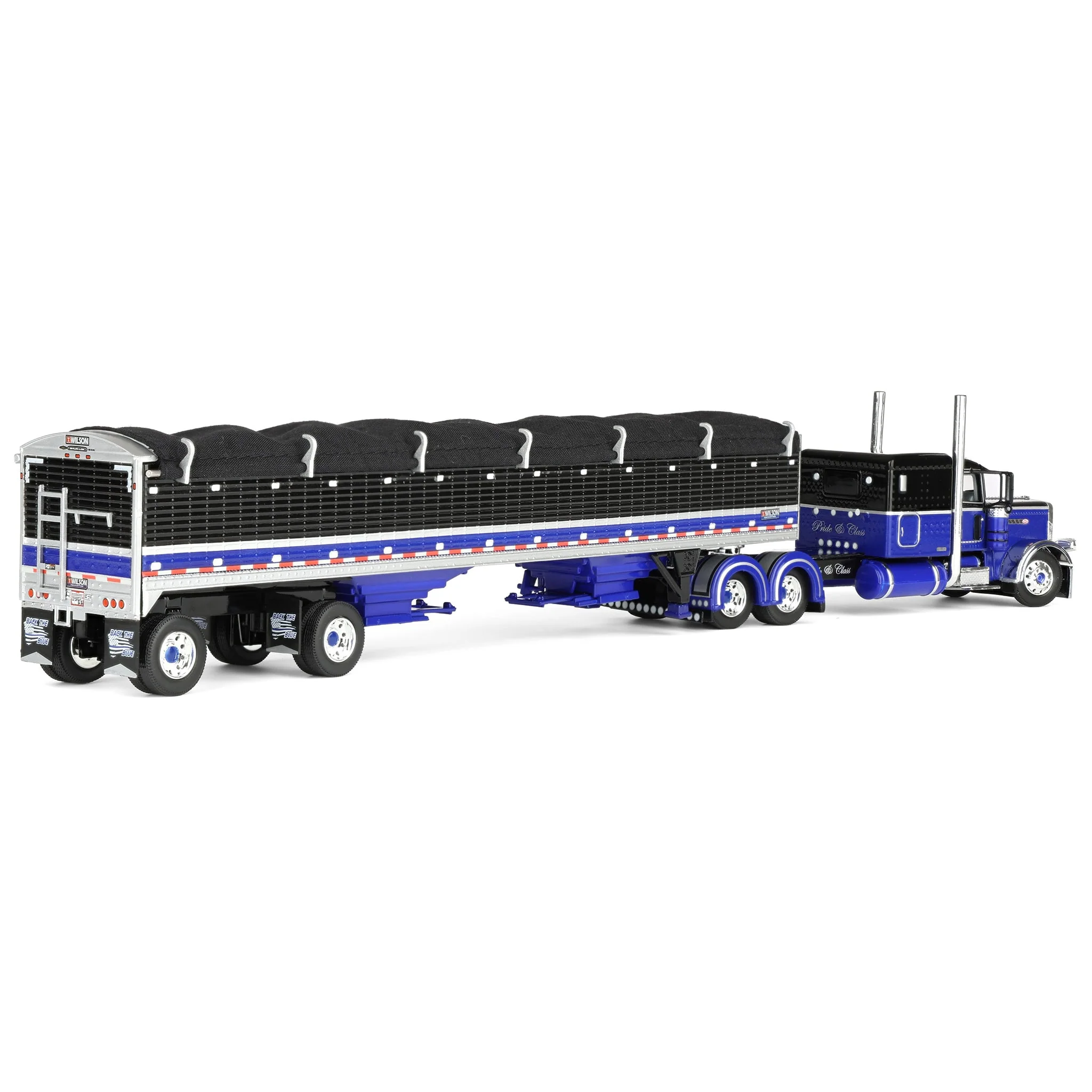 1/64 Peterbilt 389 Pride-N-Class Semi with 50ft Wilson Pacesetter Grain Trailer, Black/Blue, DCP by First Gear - Image 3