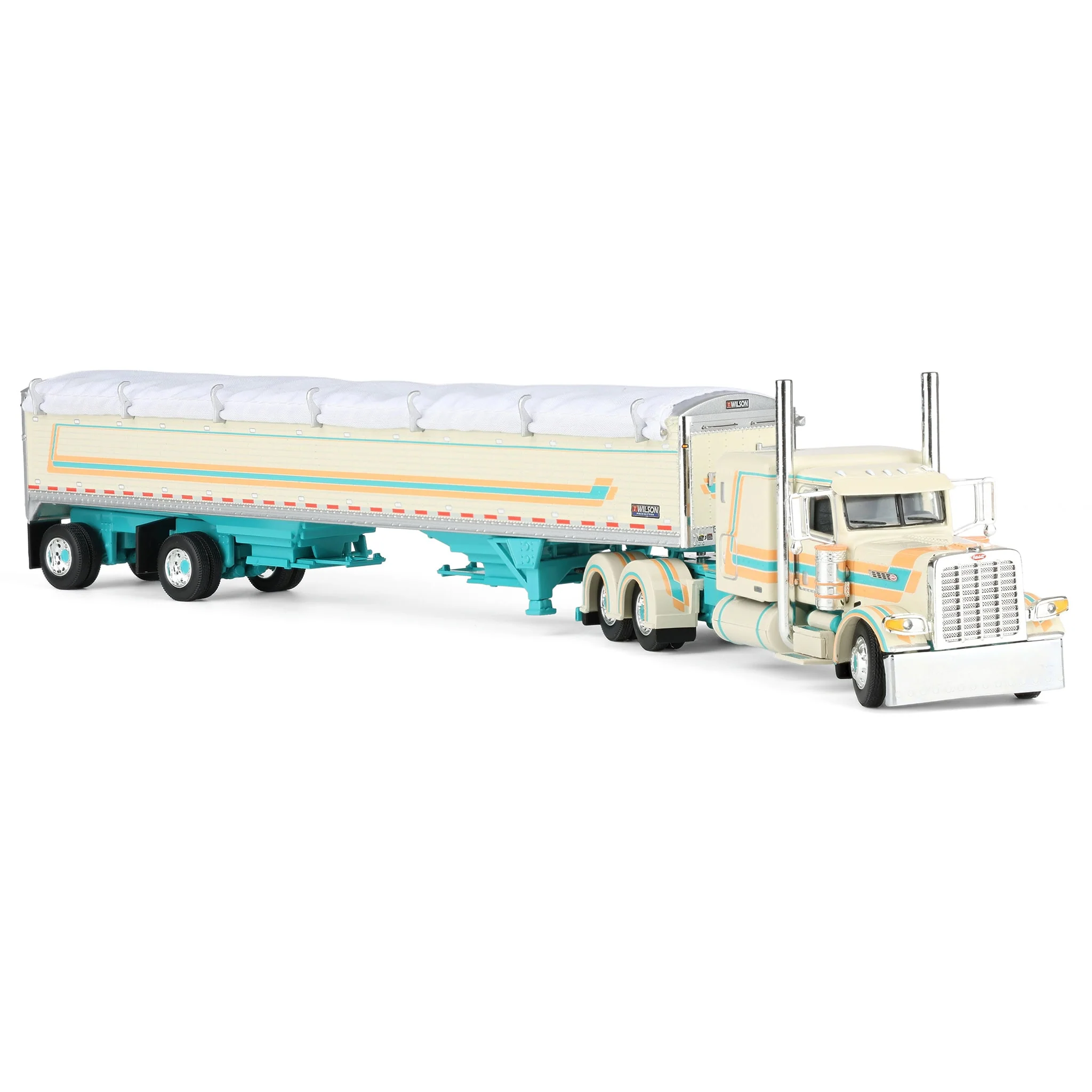 1/64 Peterbilt 389 Pride-N-Class Semi with 50ft Wilson Pacesetter Grain Trailer, Cream/Teal, DCP by First Gear - Image 2