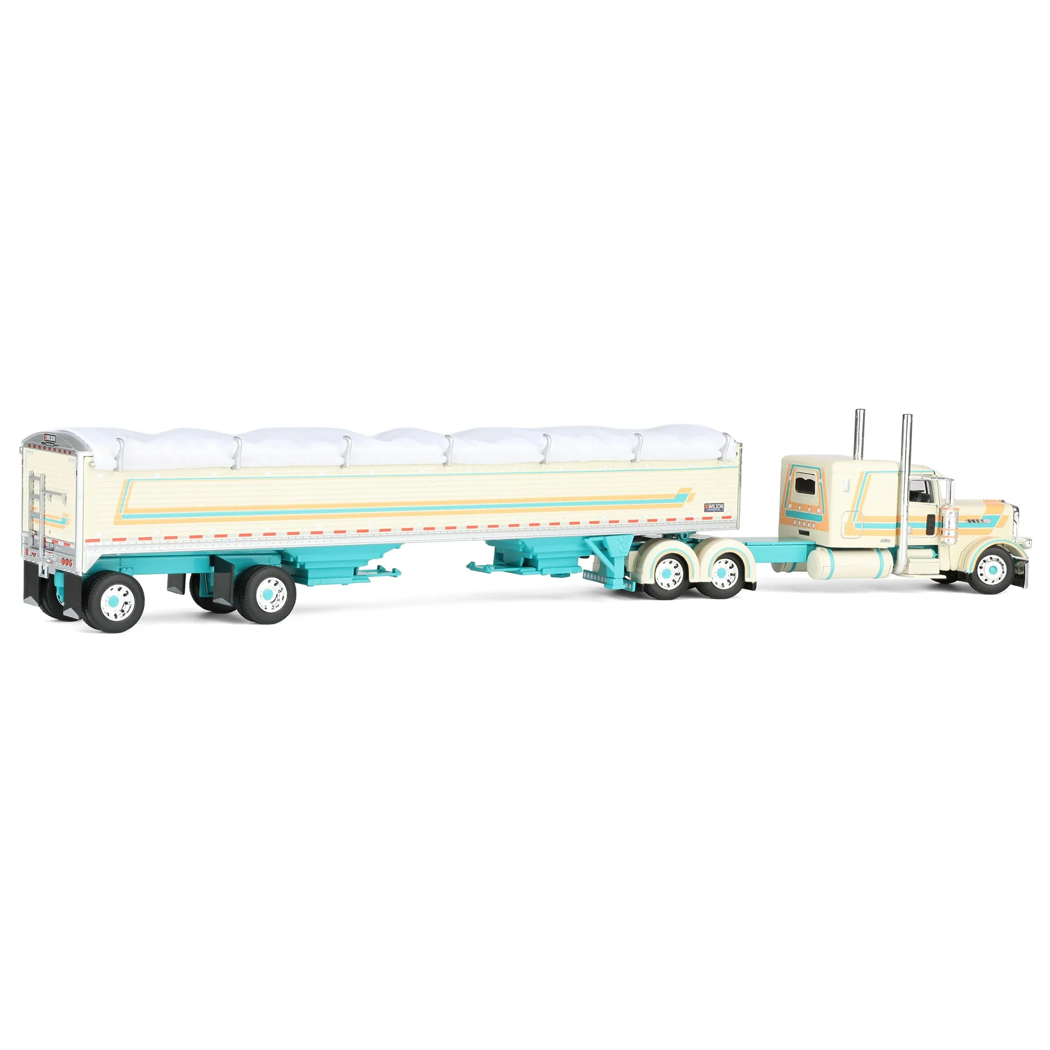 1/64 Peterbilt 389 Pride-N-Class Semi with 50ft Wilson Pacesetter Grain Trailer, Cream/Teal, DCP by First Gear - Image 3
