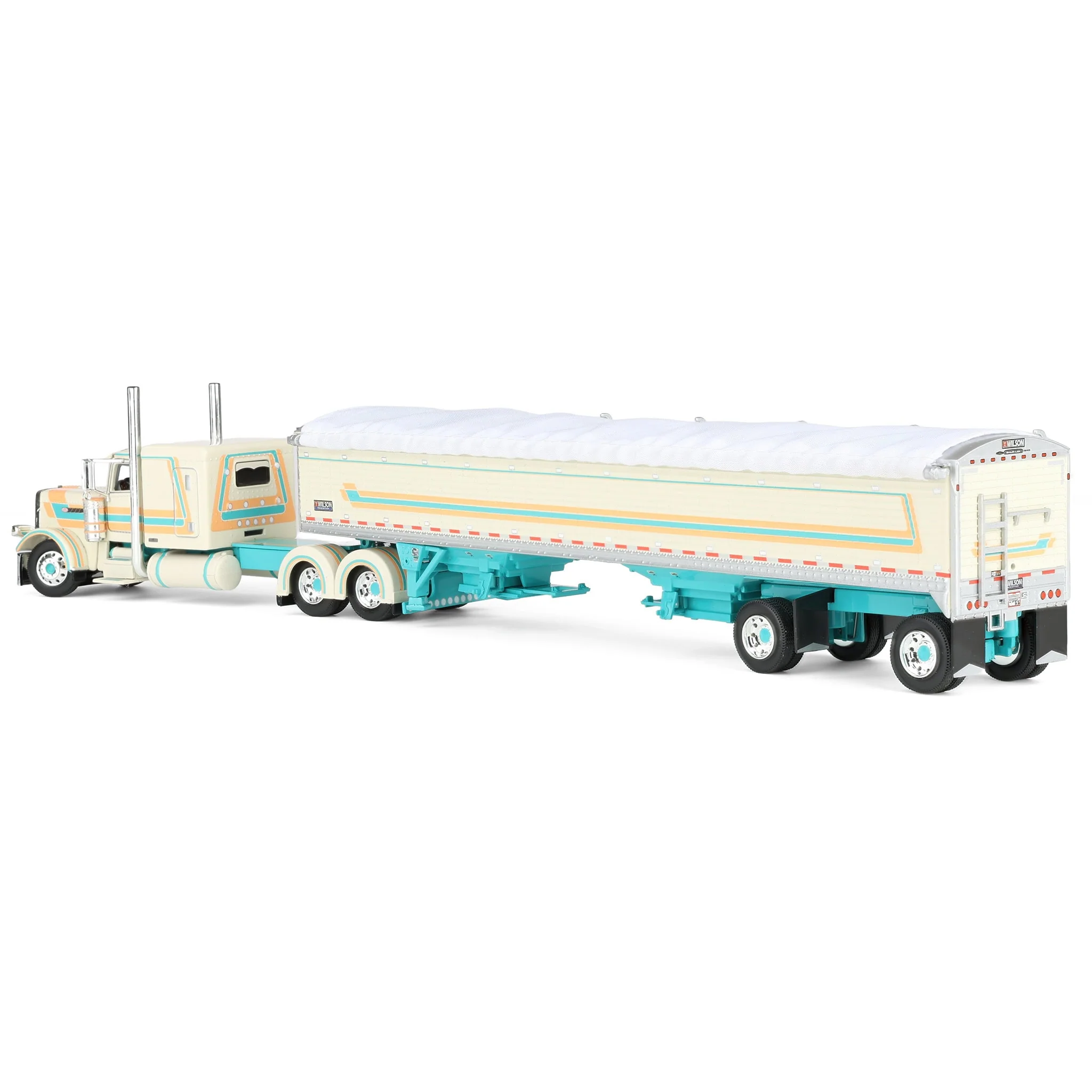 1/64 Peterbilt 389 Pride-N-Class Semi with 50ft Wilson Pacesetter Grain Trailer, Cream/Teal, DCP by First Gear - Image 4