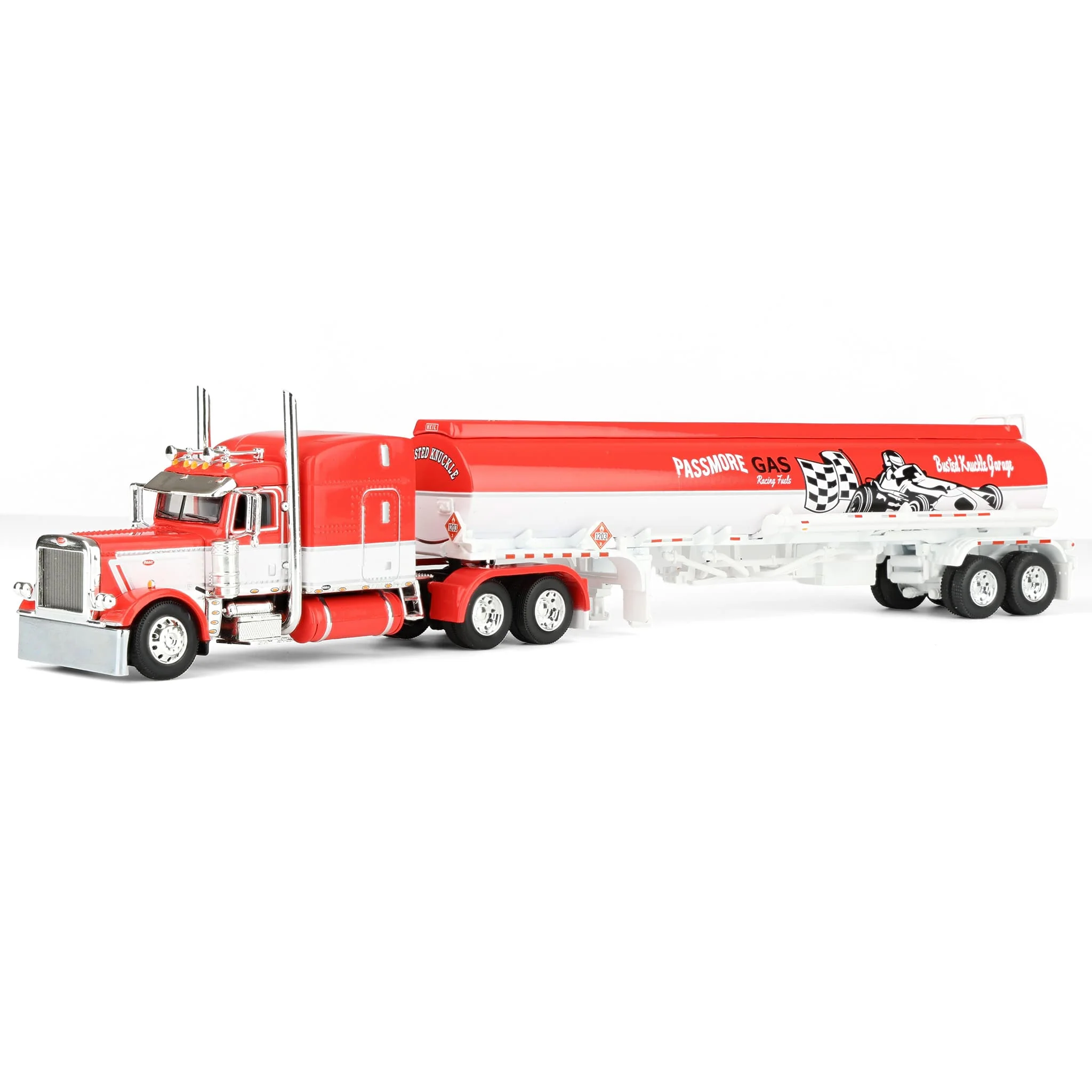1/64 Peterbilt 389 Semi Truck with Heil Fuel Tank Trailer, Busted Knuckle Garage, DCP by First Gear Distributor Exclusive