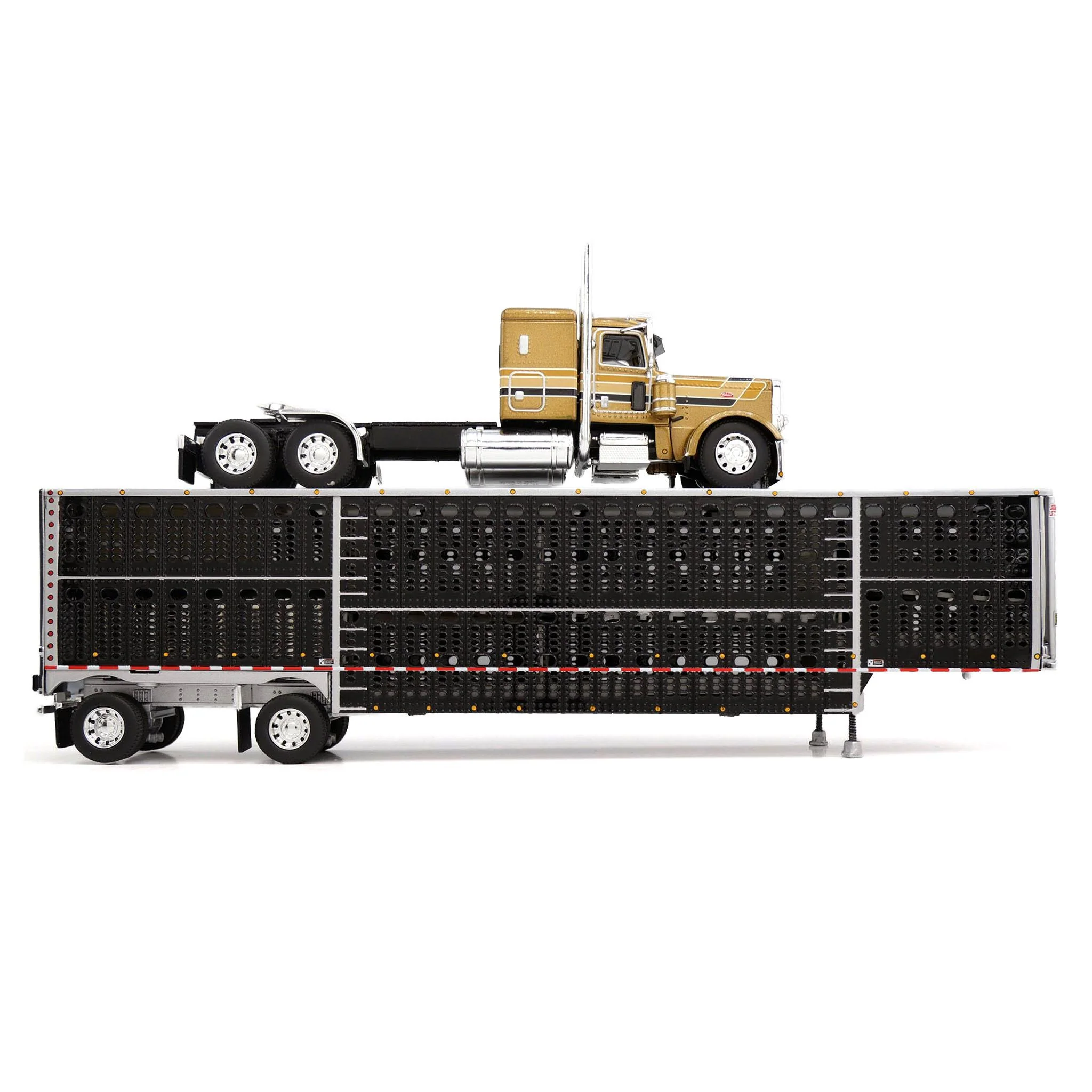 1/64 Peterbilt 389 Semi Truck with Spread Axle Wilson Livestock Trailer, Gold/Black, DCP by First Gear - Image 2