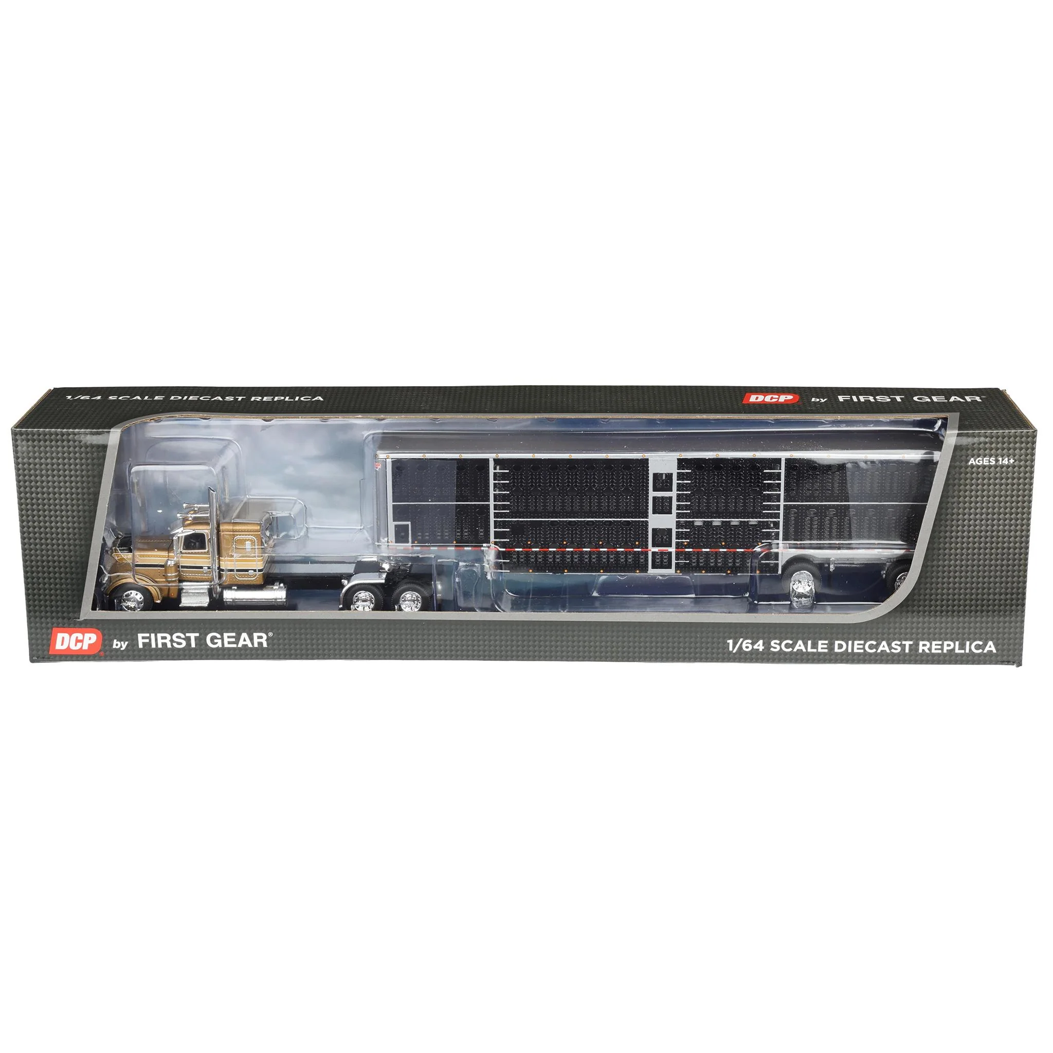 1/64 Peterbilt 389 Semi Truck with Spread Axle Wilson Livestock Trailer, Gold/Black, DCP by First Gear - Image 3