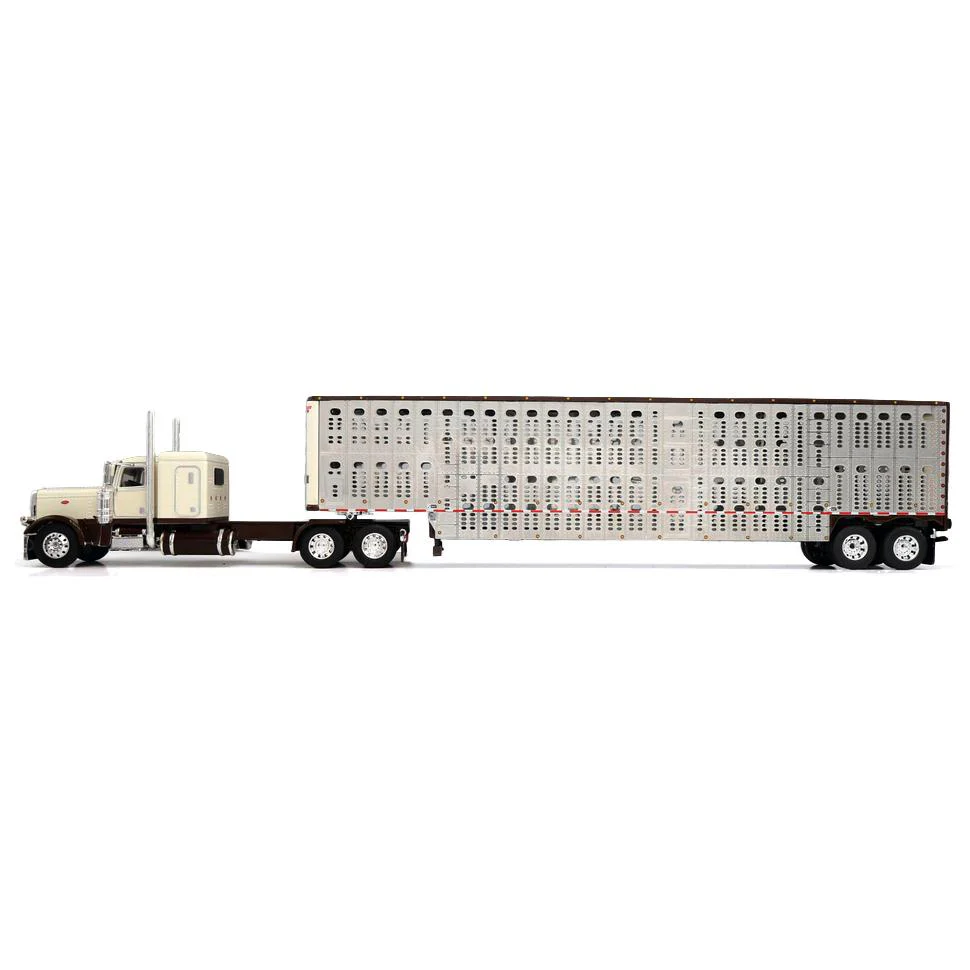 1/64 Peterbilt 389 Semi Truck with Tandem Axle Wilson Livestock Trailer, Brown/Cream, DCP by First Gear