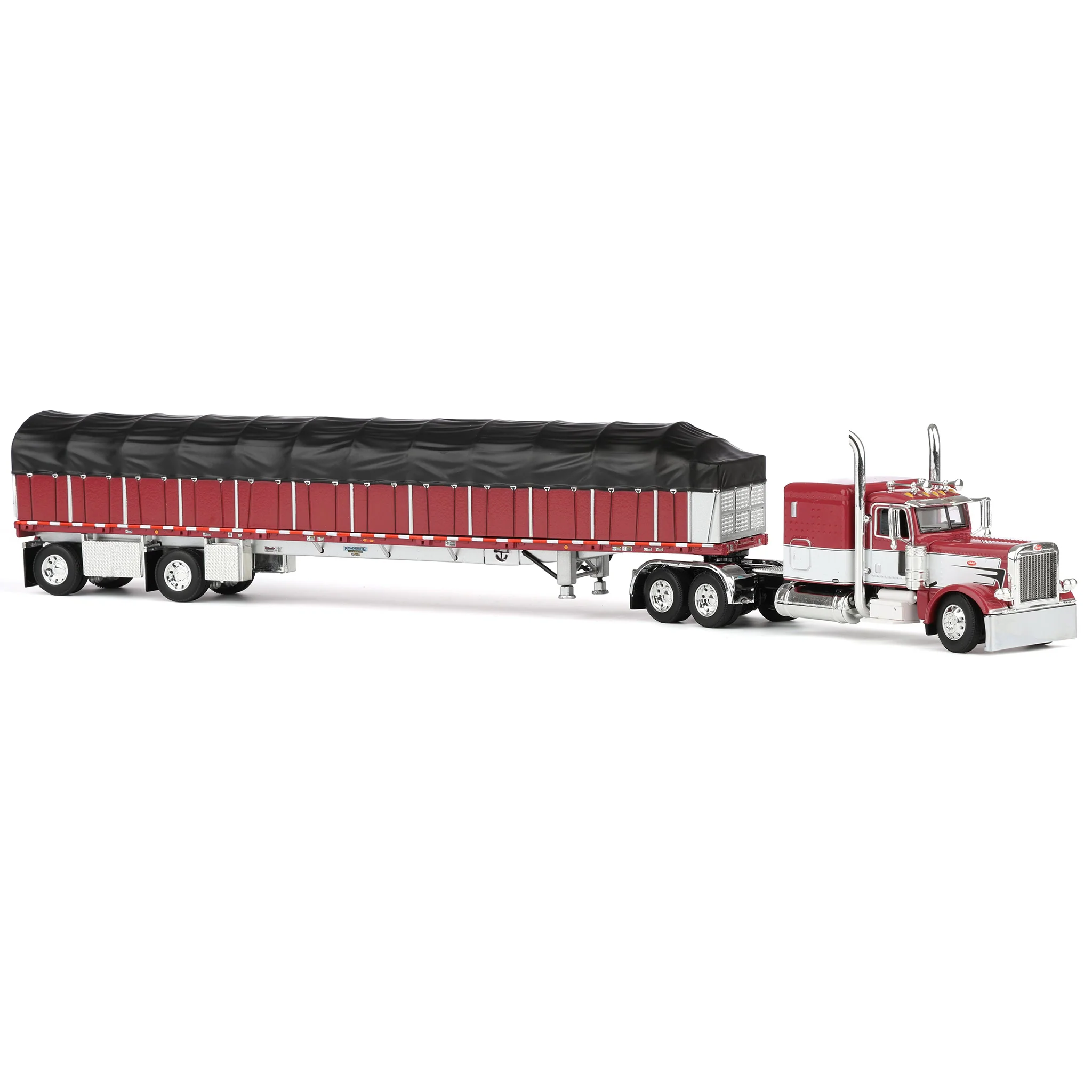1/64 Peterbilt 389 Semi Truck with Wilson Roadbrute Flatbed & Covered Wagon, Maroon/White, DCP by First Gear - Image 2