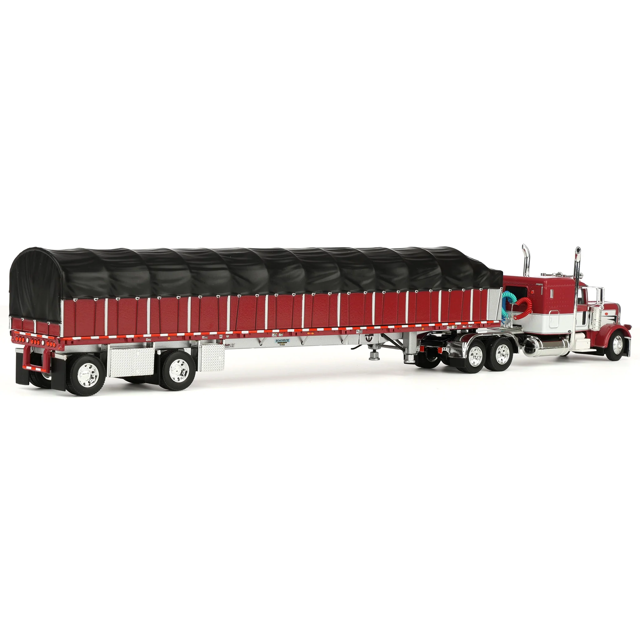 1/64 Peterbilt 389 Semi Truck with Wilson Roadbrute Flatbed & Covered Wagon, Maroon/White, DCP by First Gear - Image 3