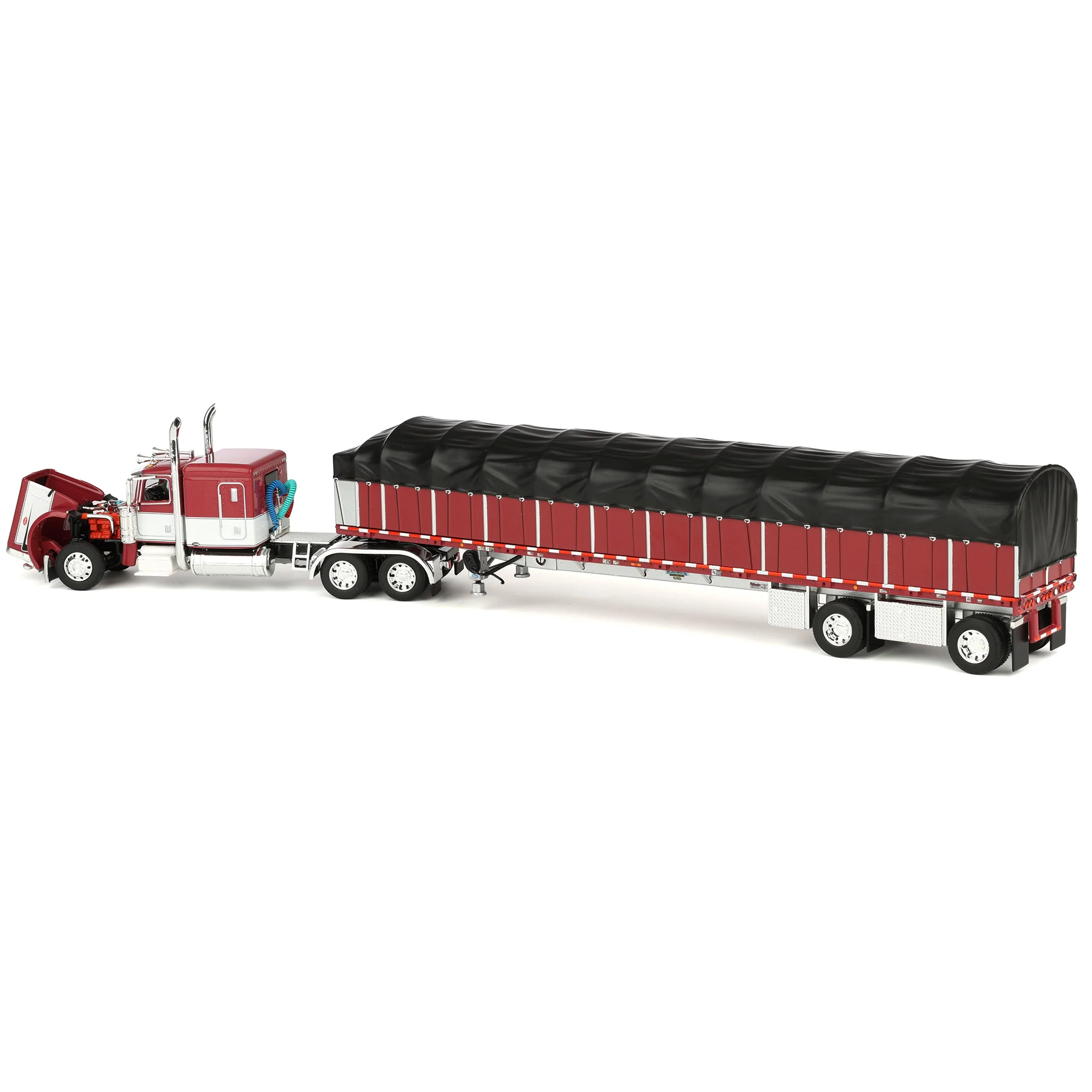 1/64 Peterbilt 389 Semi Truck with Wilson Roadbrute Flatbed & Covered Wagon, Maroon/White, DCP by First Gear - Image 4