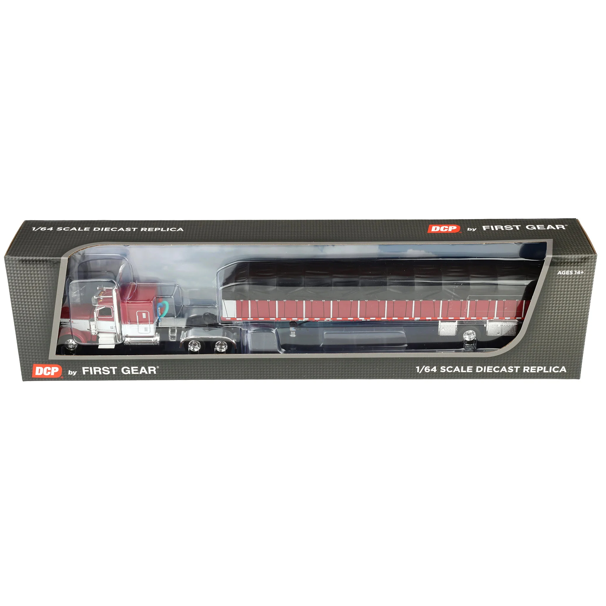 1/64 Peterbilt 389 Semi Truck with Wilson Roadbrute Flatbed & Covered Wagon, Maroon/White, DCP by First Gear - Image 5