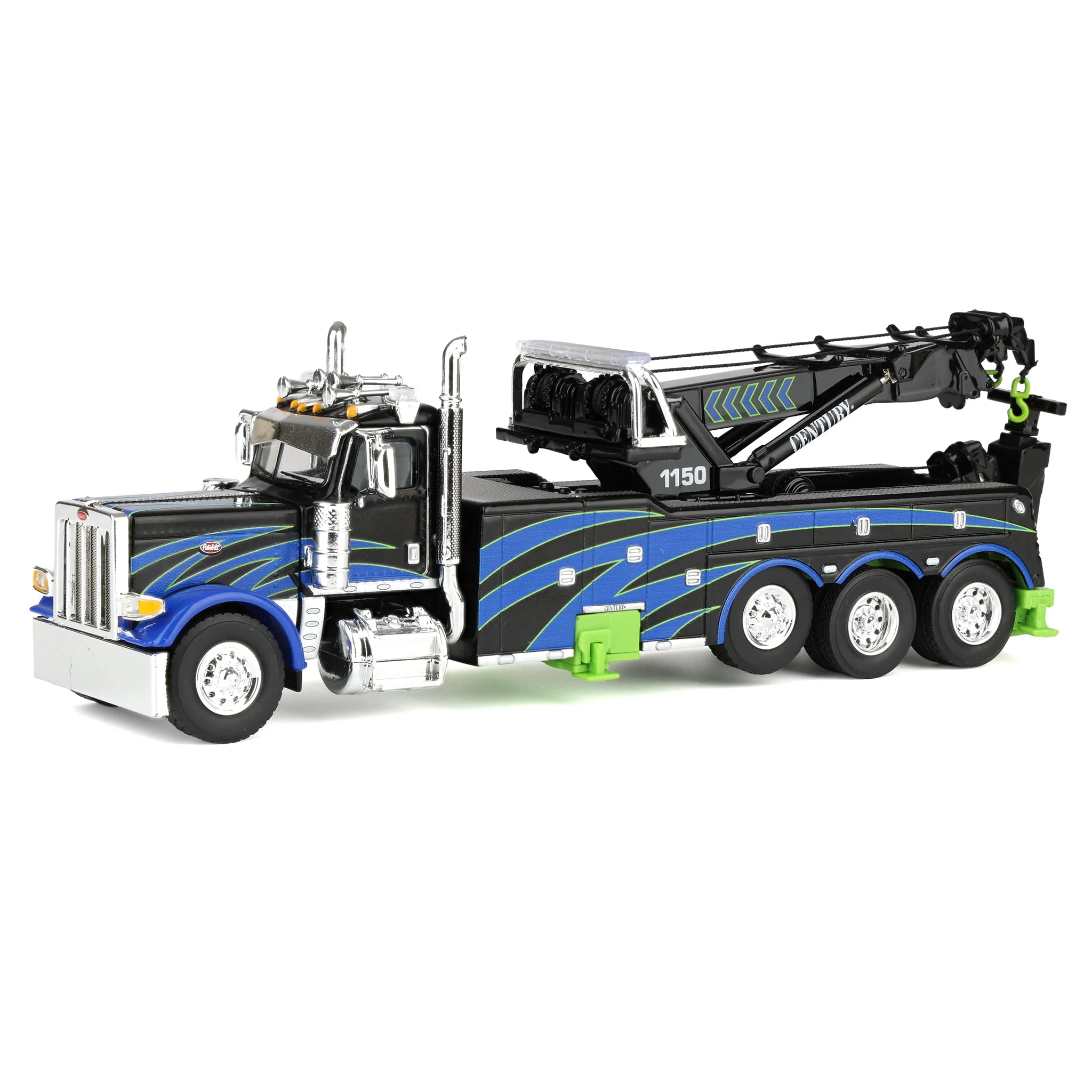 1/64 Peterbilt 389 Truck with Miller Century 1150 Rotator Wrecker, Black/Blue/Green, DCP by First Gear