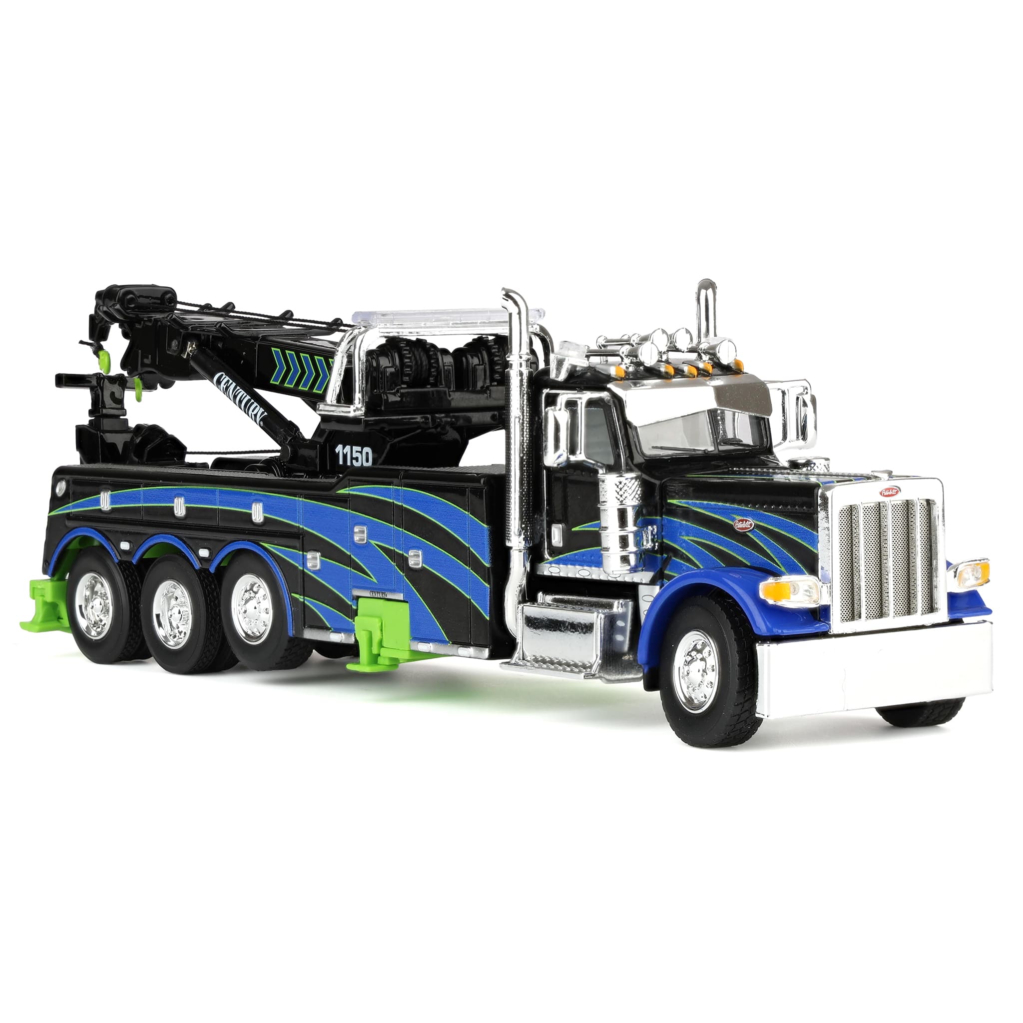1/64 Peterbilt 389 Truck with Miller Century 1150 Rotator Wrecker, Black/Blue/Green, DCP by First Gear - Image 2