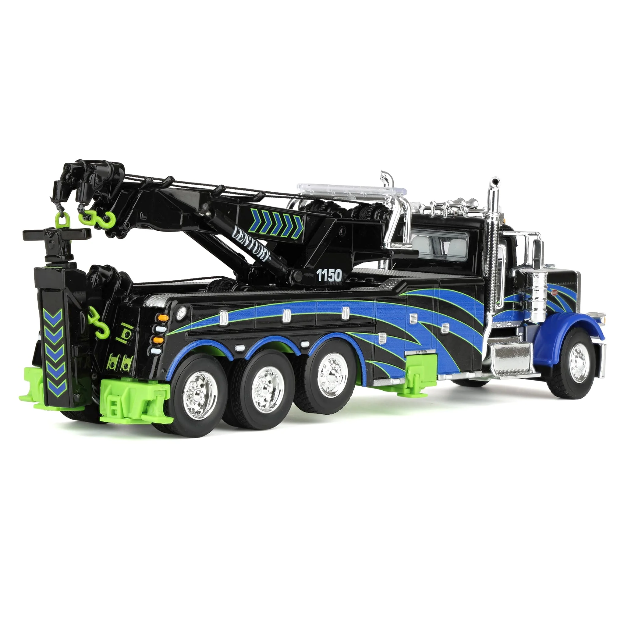 1/64 Peterbilt 389 Truck with Miller Century 1150 Rotator Wrecker, Black/Blue/Green, DCP by First Gear - Image 3