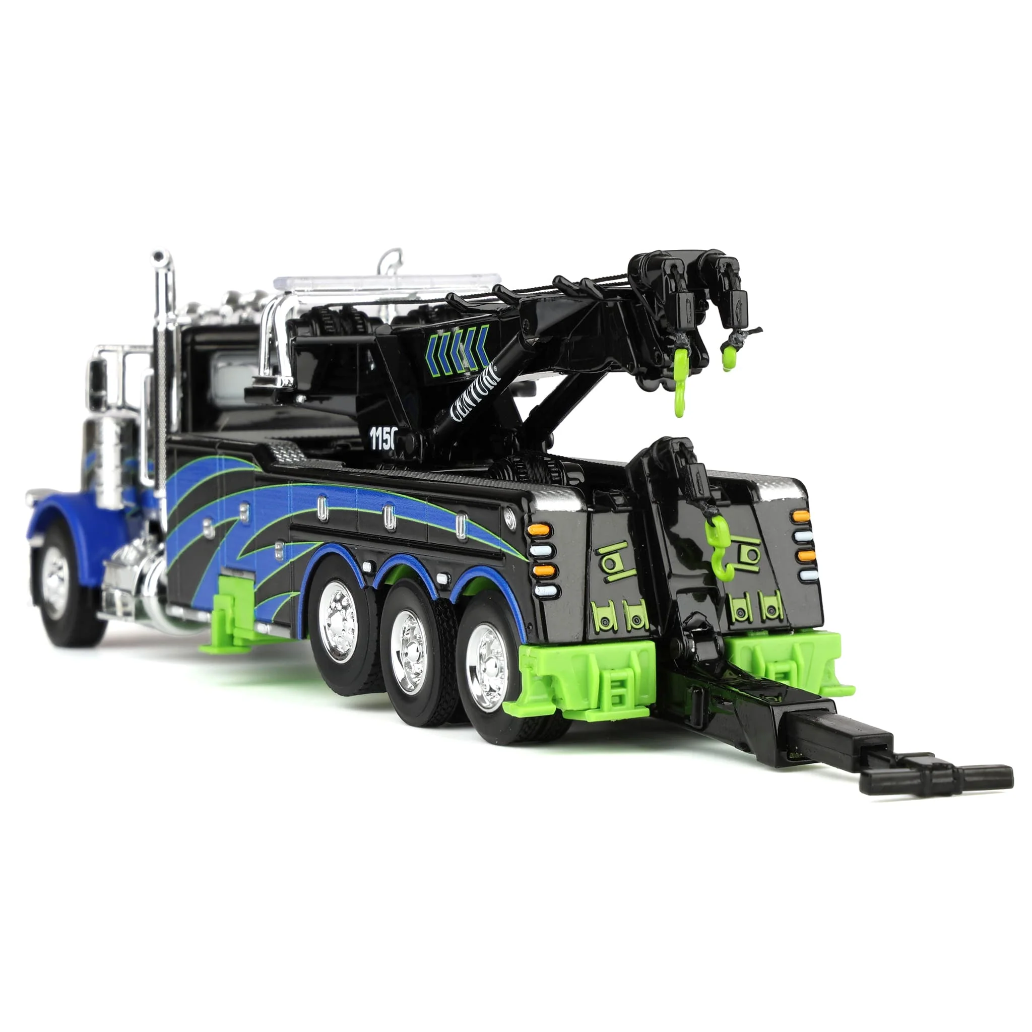 1/64 Peterbilt 389 Truck with Miller Century 1150 Rotator Wrecker, Black/Blue/Green, DCP by First Gear - Image 4