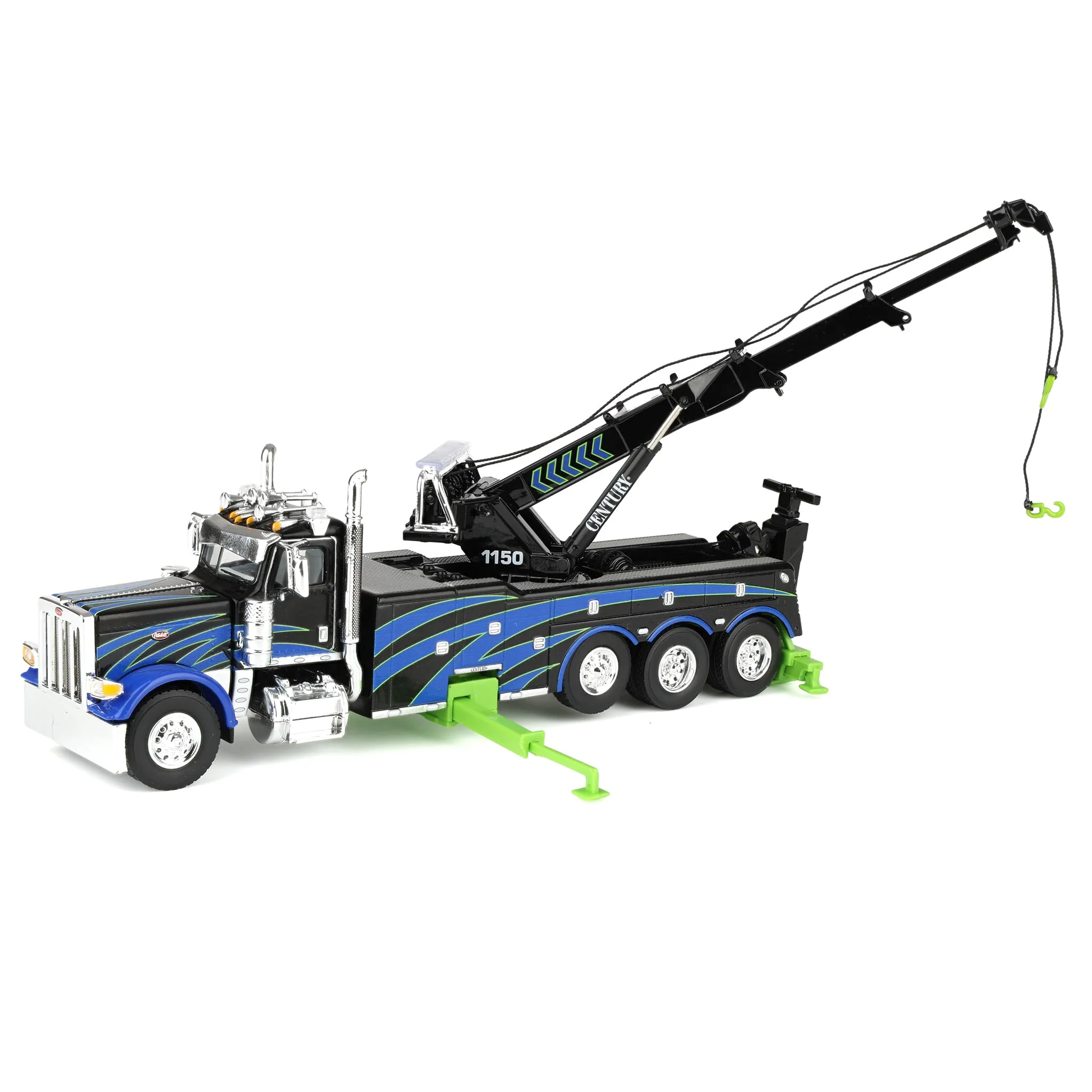 1/64 Peterbilt 389 Truck with Miller Century 1150 Rotator Wrecker, Black/Blue/Green, DCP by First Gear - Image 5