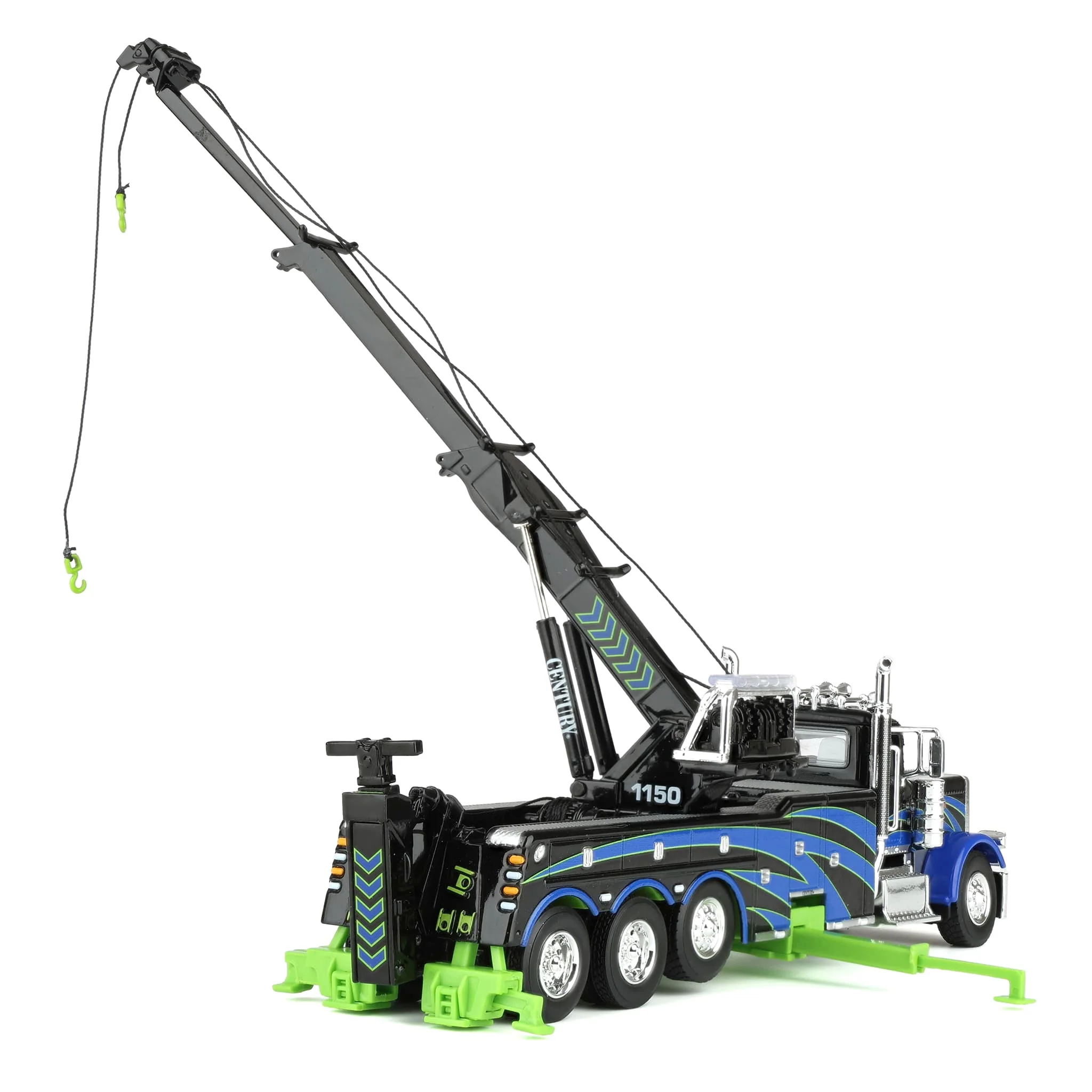 1/64 Peterbilt 389 Truck with Miller Century 1150 Rotator Wrecker, Black/Blue/Green, DCP by First Gear - Image 6
