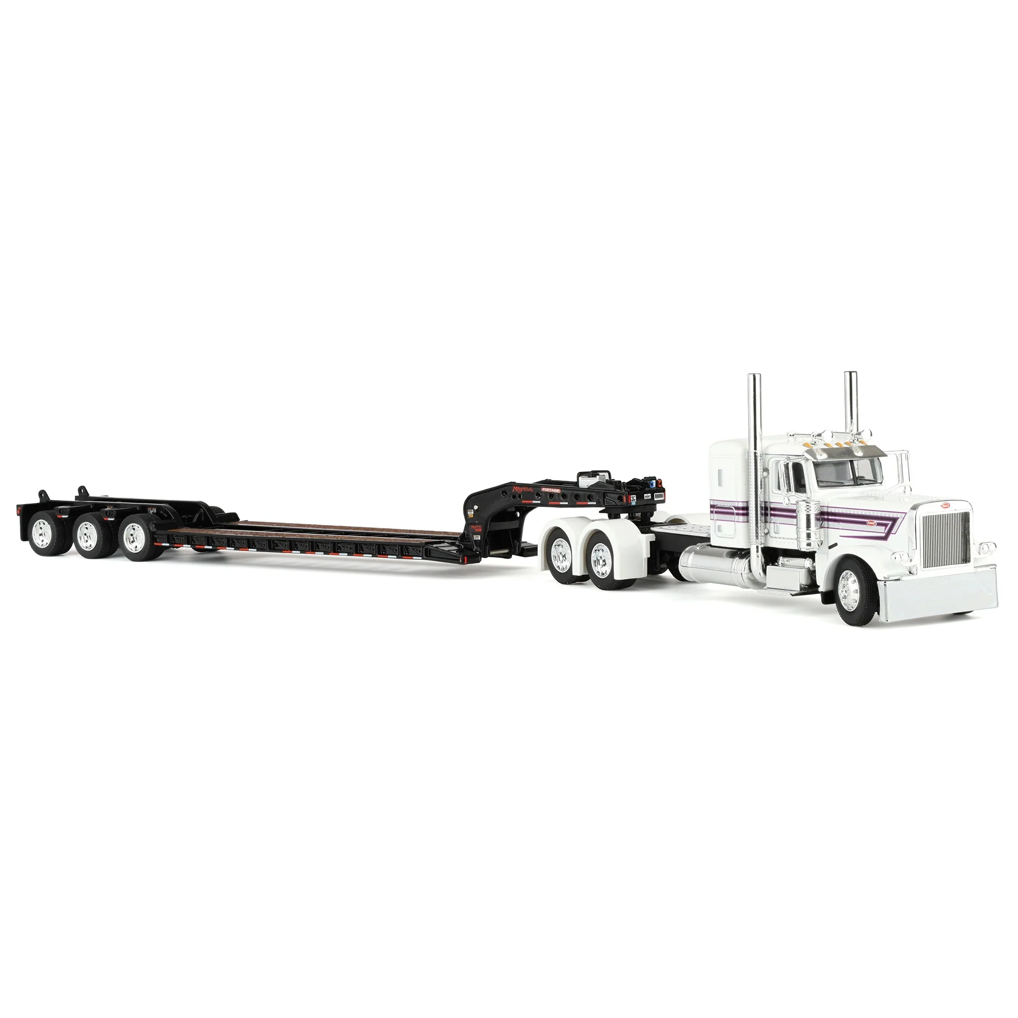 1/64 Peterbilt 389 Semi Truck with Fontaine Magnitude Lowboy Trailer, White/Black, DCP by First Gear - Image 2
