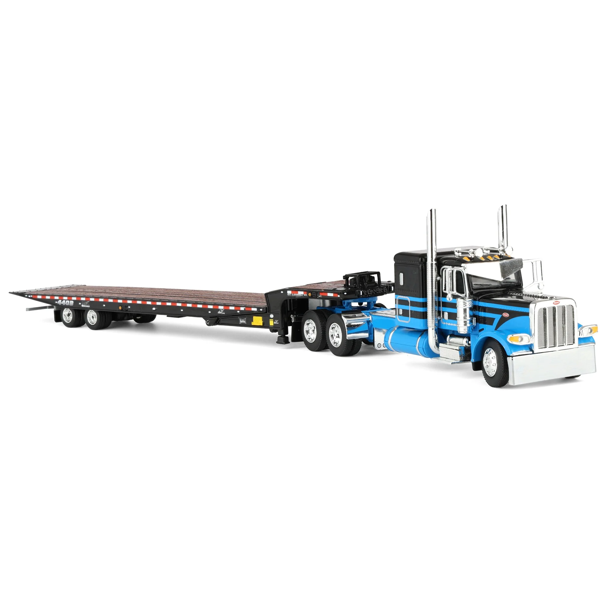 1/64 Peterbilt 389 Semi Truck with Landoll 440B-50CA Traveling Axle Trailer, Blue/Black, DCP by First Gear - Image 2