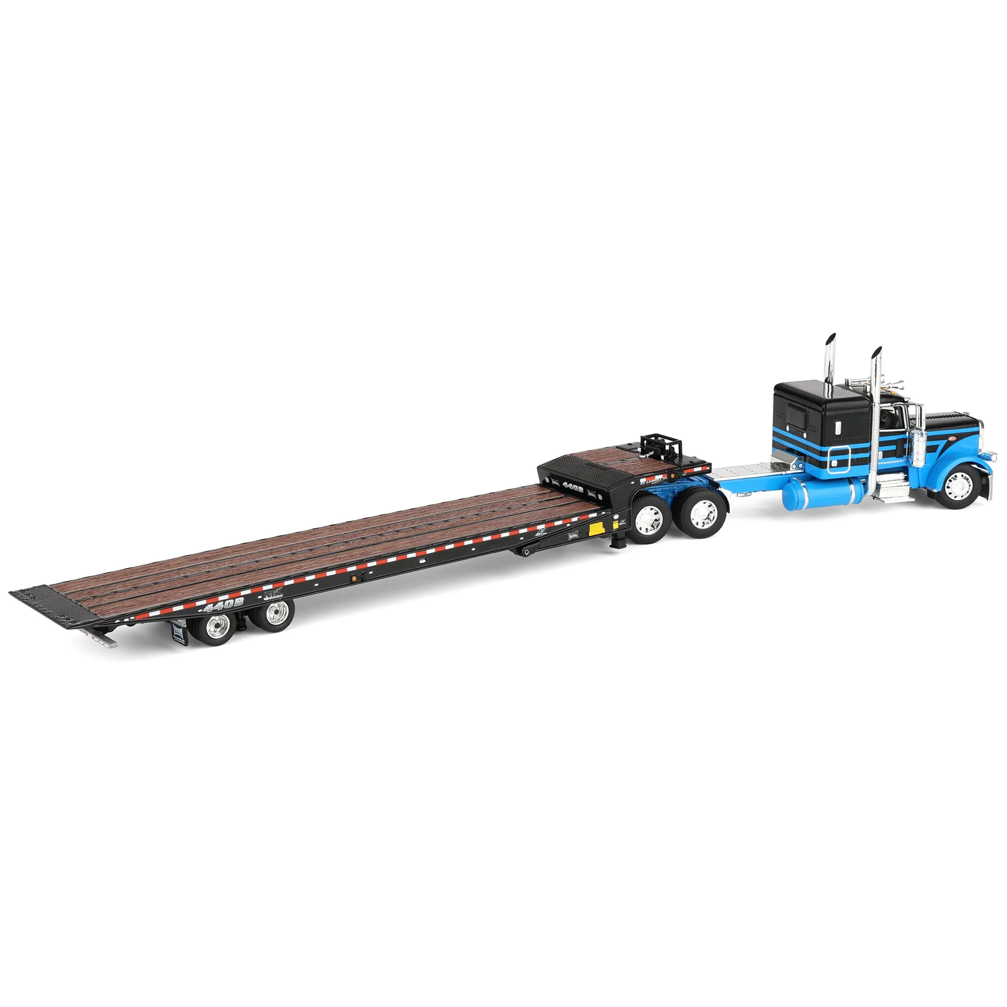 1/64 Peterbilt 389 Semi Truck with Landoll 440B-50CA Traveling Axle Trailer, Blue/Black, DCP by First Gear - Image 3