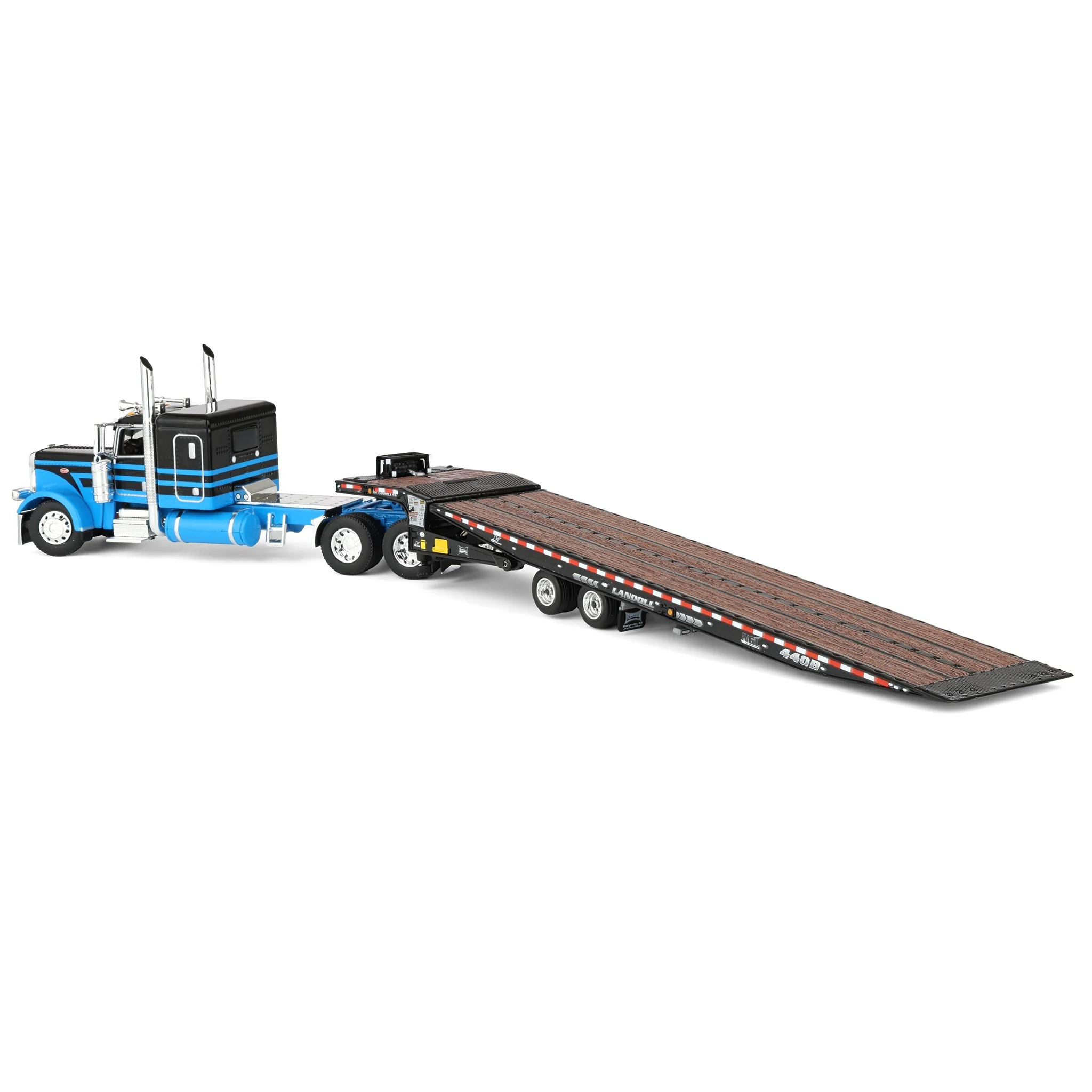 1/64 Peterbilt 389 Semi Truck with Landoll 440B-50CA Traveling Axle Trailer, Blue/Black, DCP by First Gear - Image 4