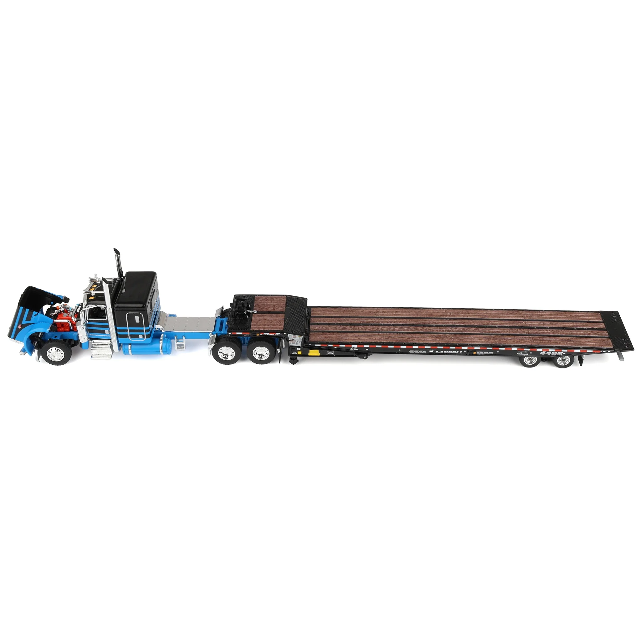 1/64 Peterbilt 389 Semi Truck with Landoll 440B-50CA Traveling Axle Trailer, Blue/Black, DCP by First Gear - Image 5