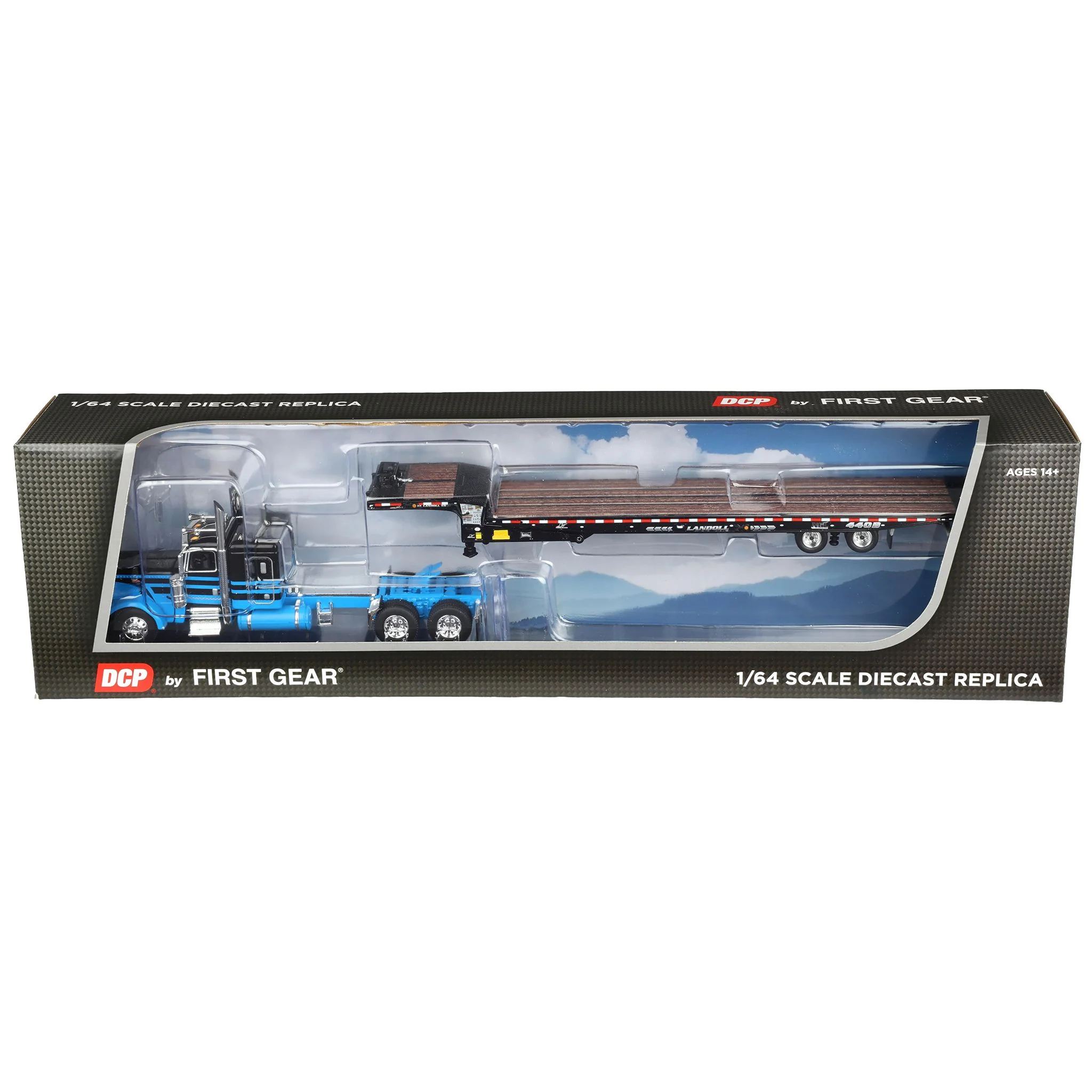 1/64 Peterbilt 389 Semi Truck with Landoll 440B-50CA Traveling Axle Trailer, Blue/Black, DCP by First Gear - Image 6