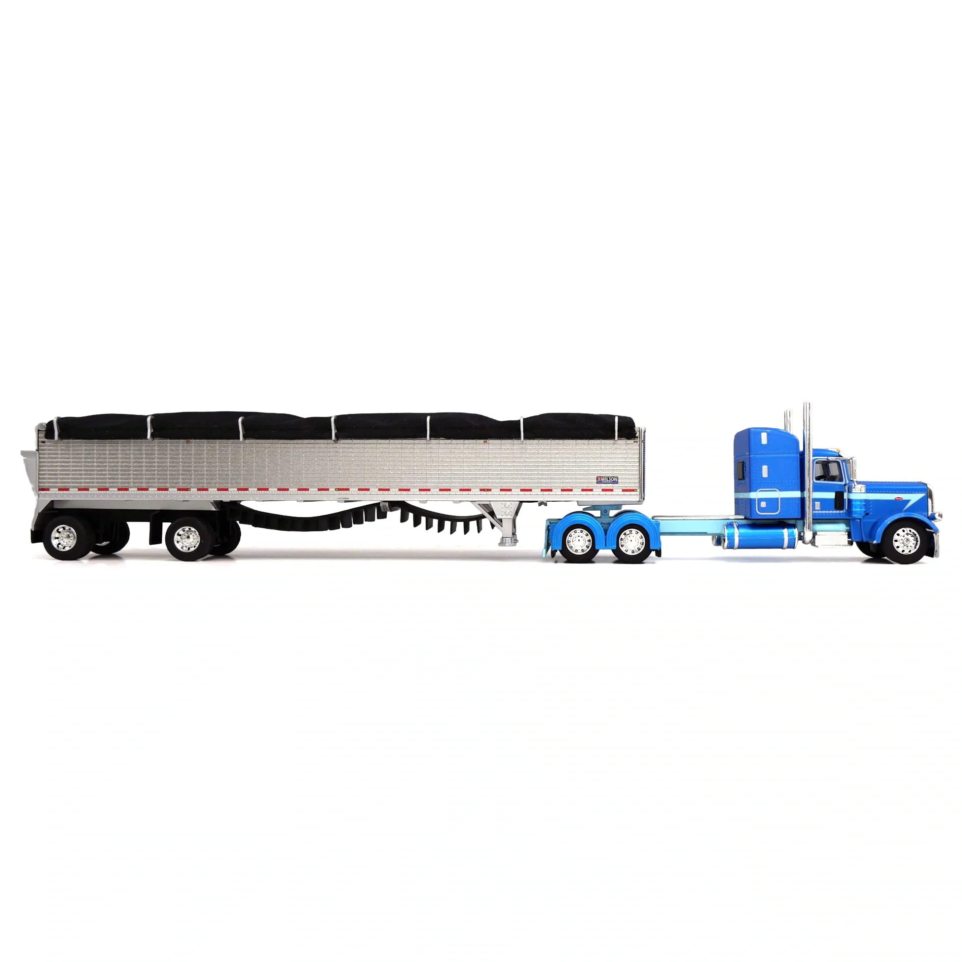 1/64 Peterbilt 389 with Semi Truck with Spread Axle Wilson Patriot Belt Trailer, Blue/Silver, DCP by First Gear - Image 2