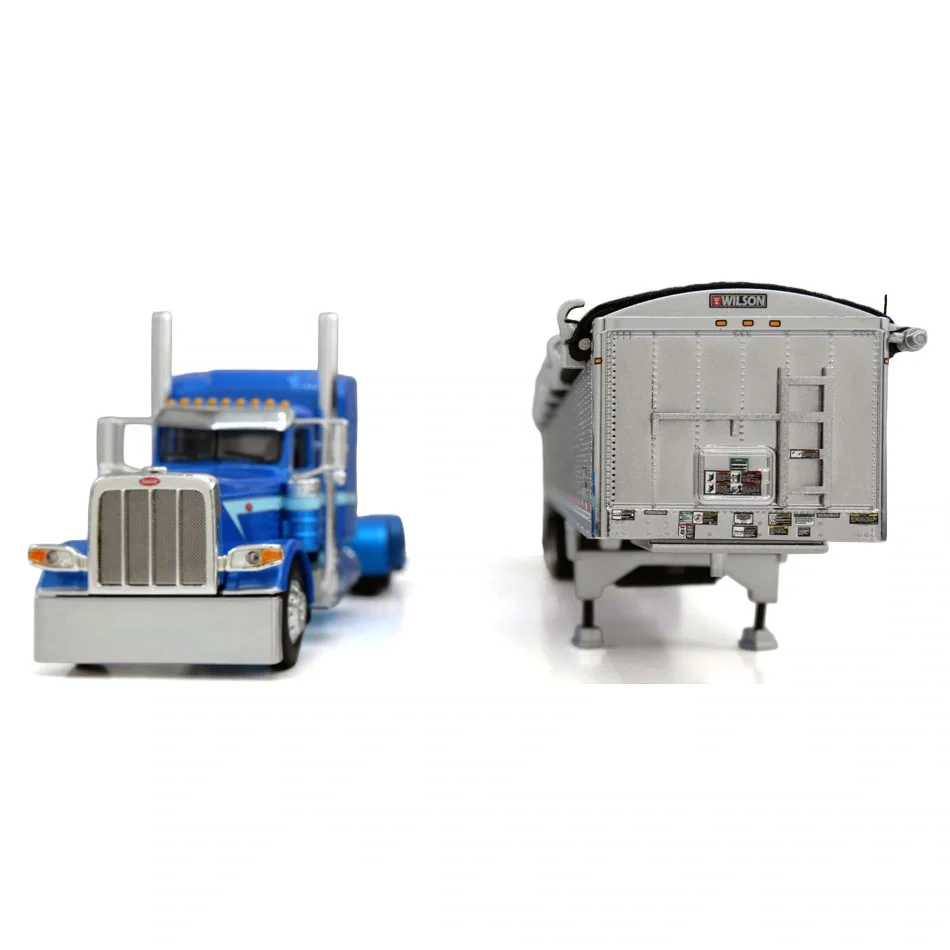 1/64 Peterbilt 389 with Semi Truck with Spread Axle Wilson Patriot Belt Trailer, Blue/Silver, DCP by First Gear - Image 3
