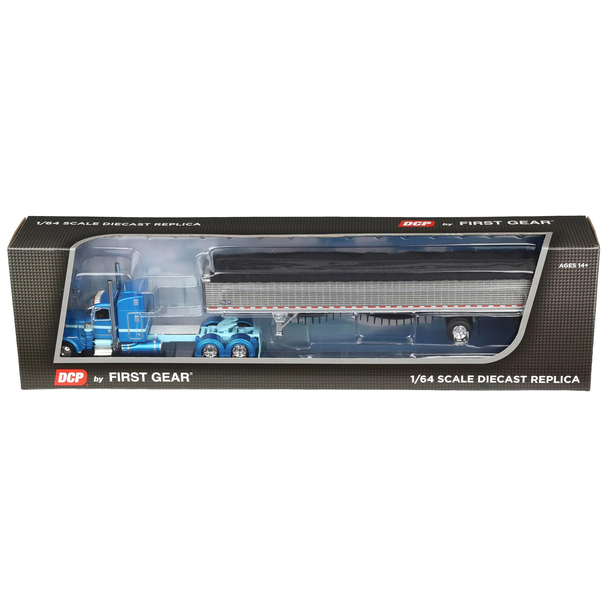 1/64 Peterbilt 389 with Semi Truck with Spread Axle Wilson Patriot Belt Trailer, Blue/Silver, DCP by First Gear - Image 5