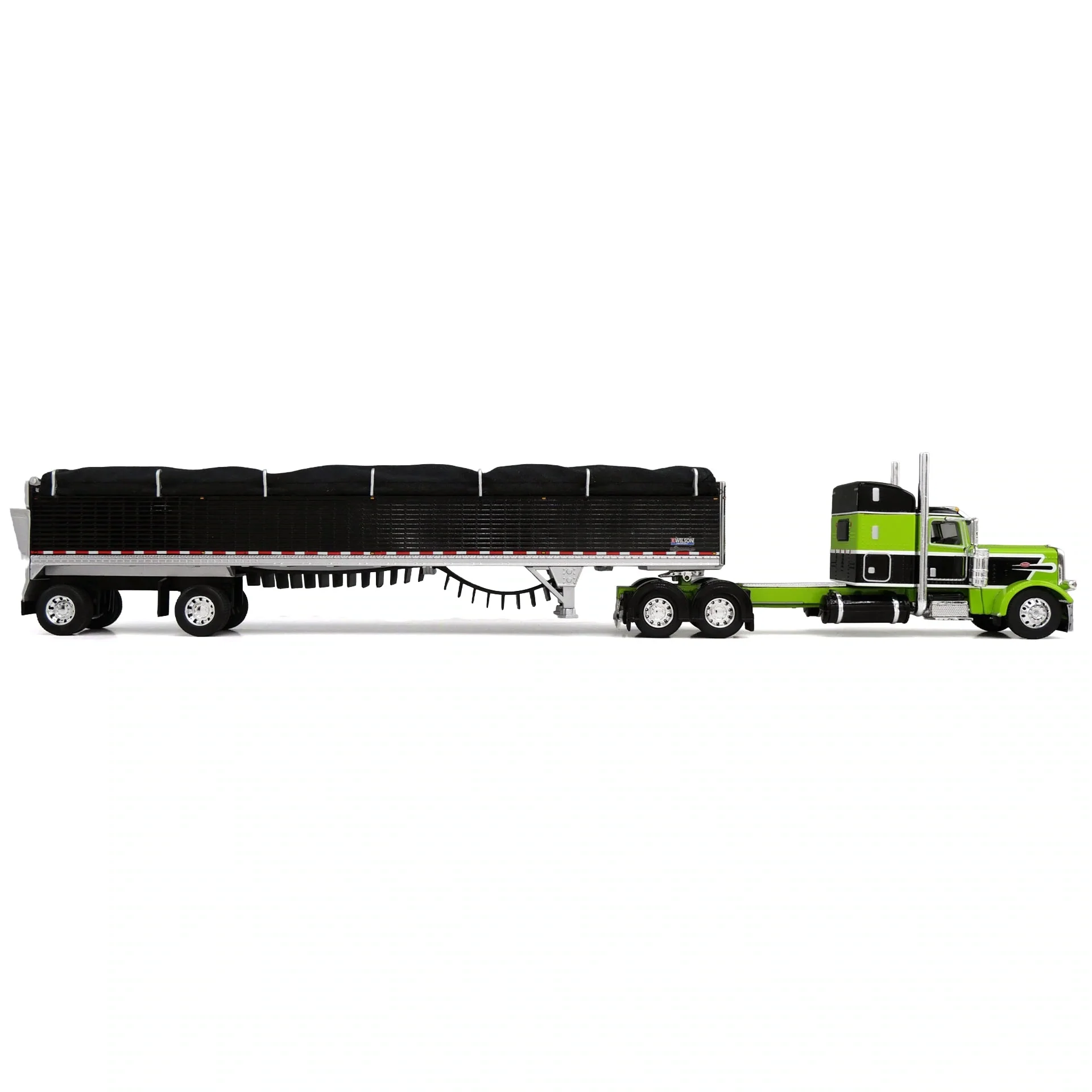 1/64 Peterbilt 389 Semi Truck with Spread Axle Wilson Patriot Belt Trailer, Green/Black, DCP by First Gear - Image 2
