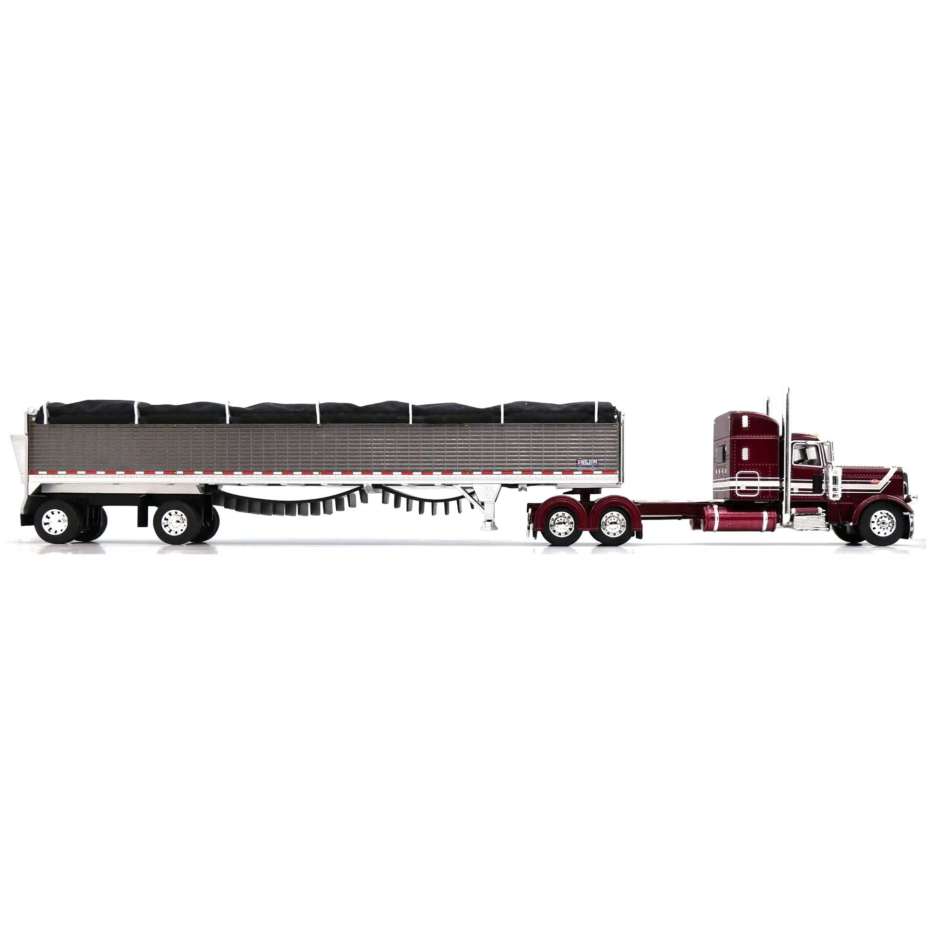 1/64 Peterbilt 389 Semi Truck with Spread Axle Wilson Patriot Belt Trailer, Red/Gunmetal, DCP by First Gear - Image 2