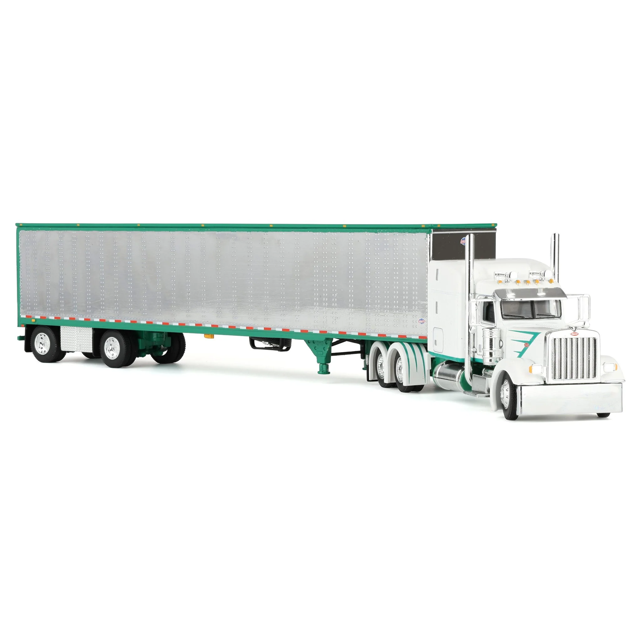 1/64 Peterbilt 389 Semi Truck with 53ft Utility Chrome Trailer, White/Green, DCP by First Gear - Image 2