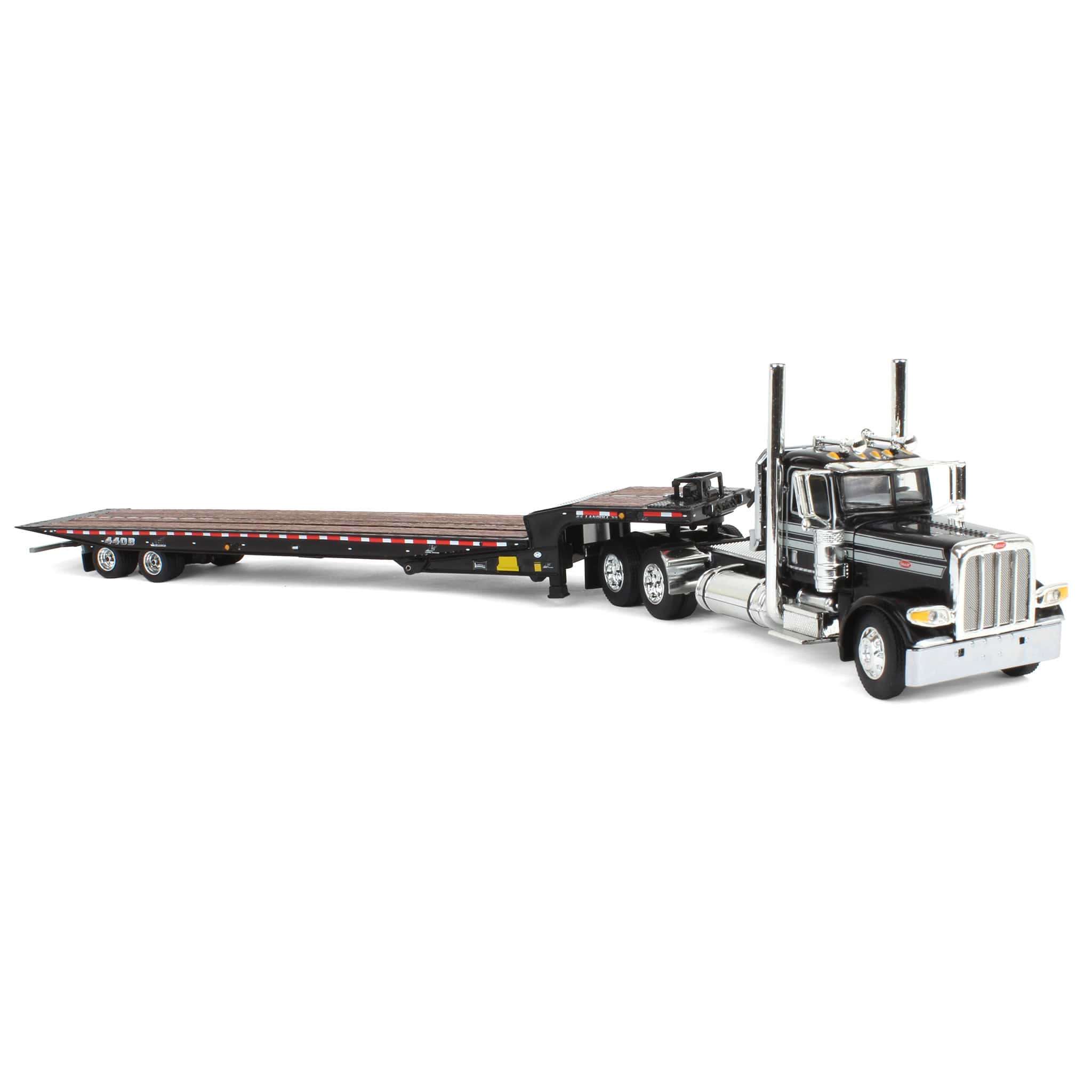 1/64 Black Peterbilt 389 Semi Truck with Landoll 440 Series Traveling Axle Trailer - Image 2