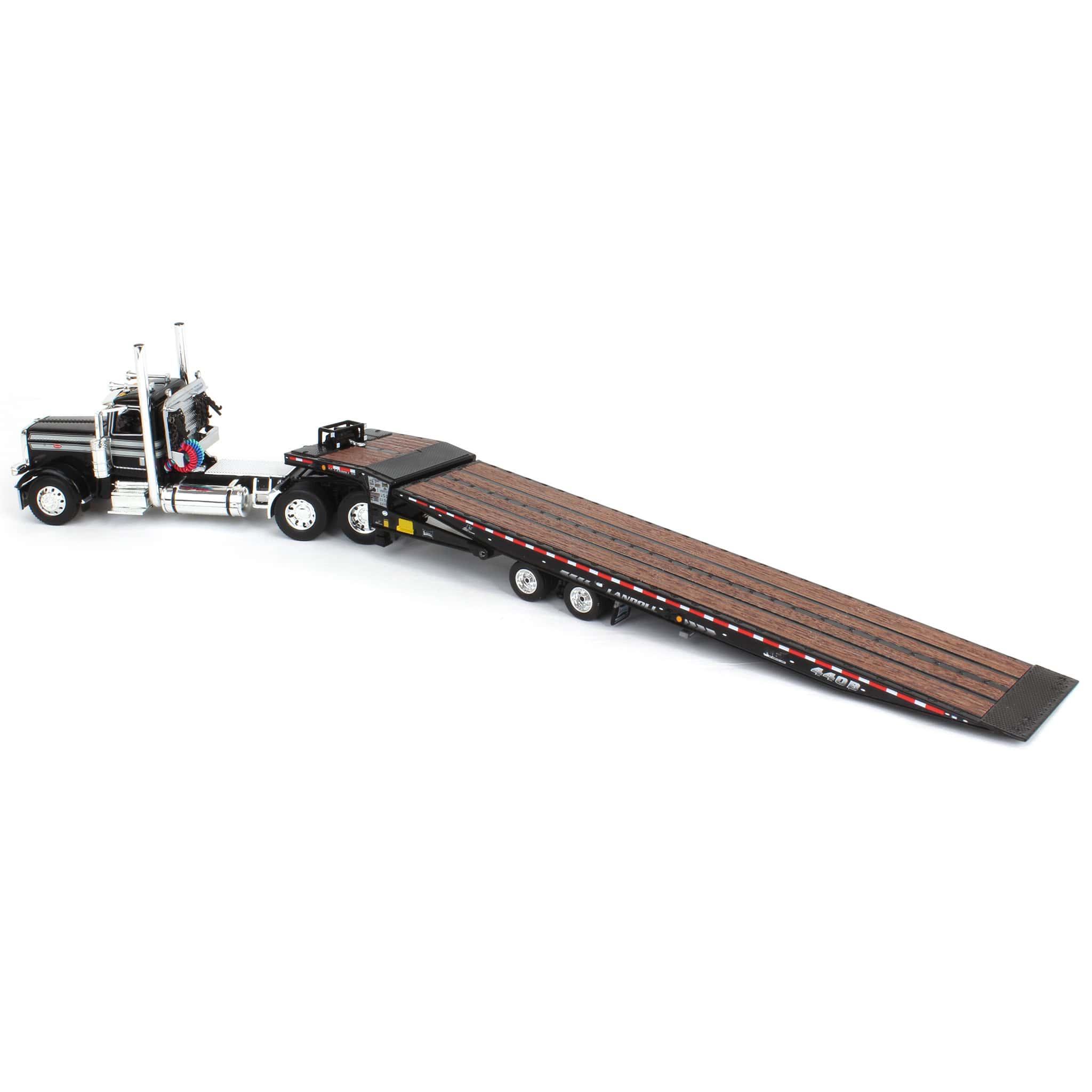 1/64 Black Peterbilt 389 Semi Truck with Landoll 440 Series Traveling Axle Trailer - Image 4