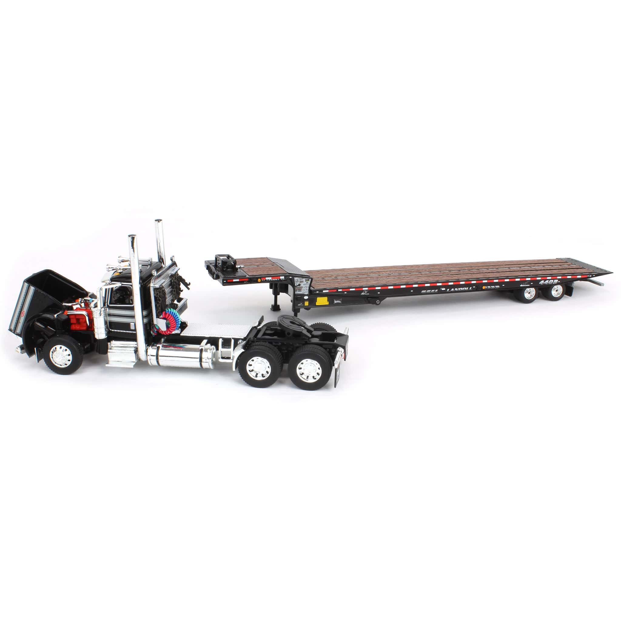 1/64 Black Peterbilt 389 Semi Truck with Landoll 440 Series Traveling Axle Trailer - Image 5