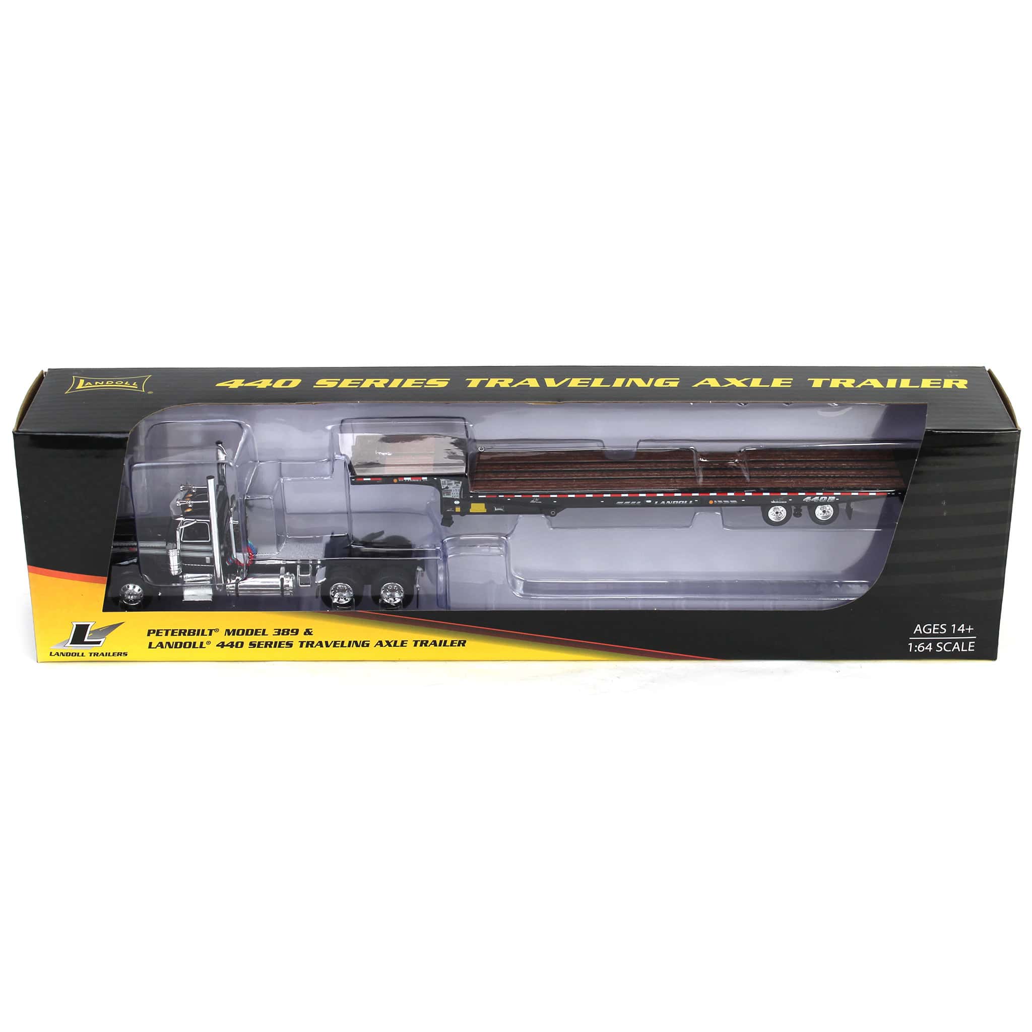 1/64 Black Peterbilt 389 Semi Truck with Landoll 440 Series Traveling Axle Trailer - Image 7