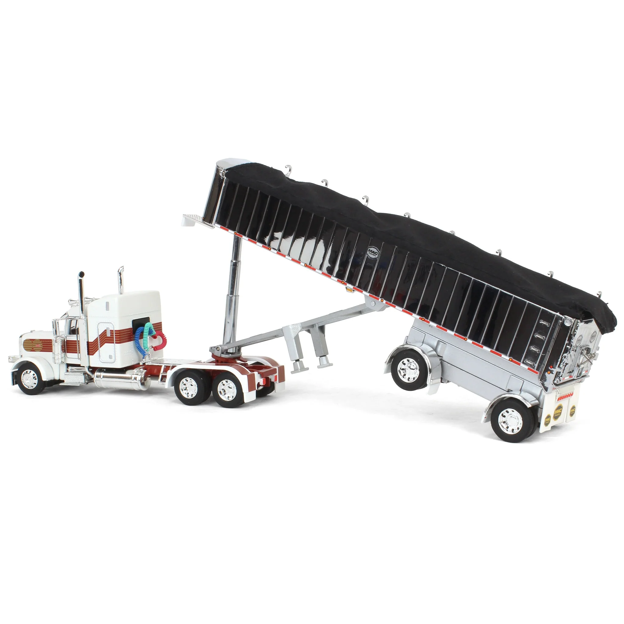 1/64 Peterbilt 389 with MAC Coal End Dump Trailer, White/Red/Gold, DCP by First Gear - Image 4